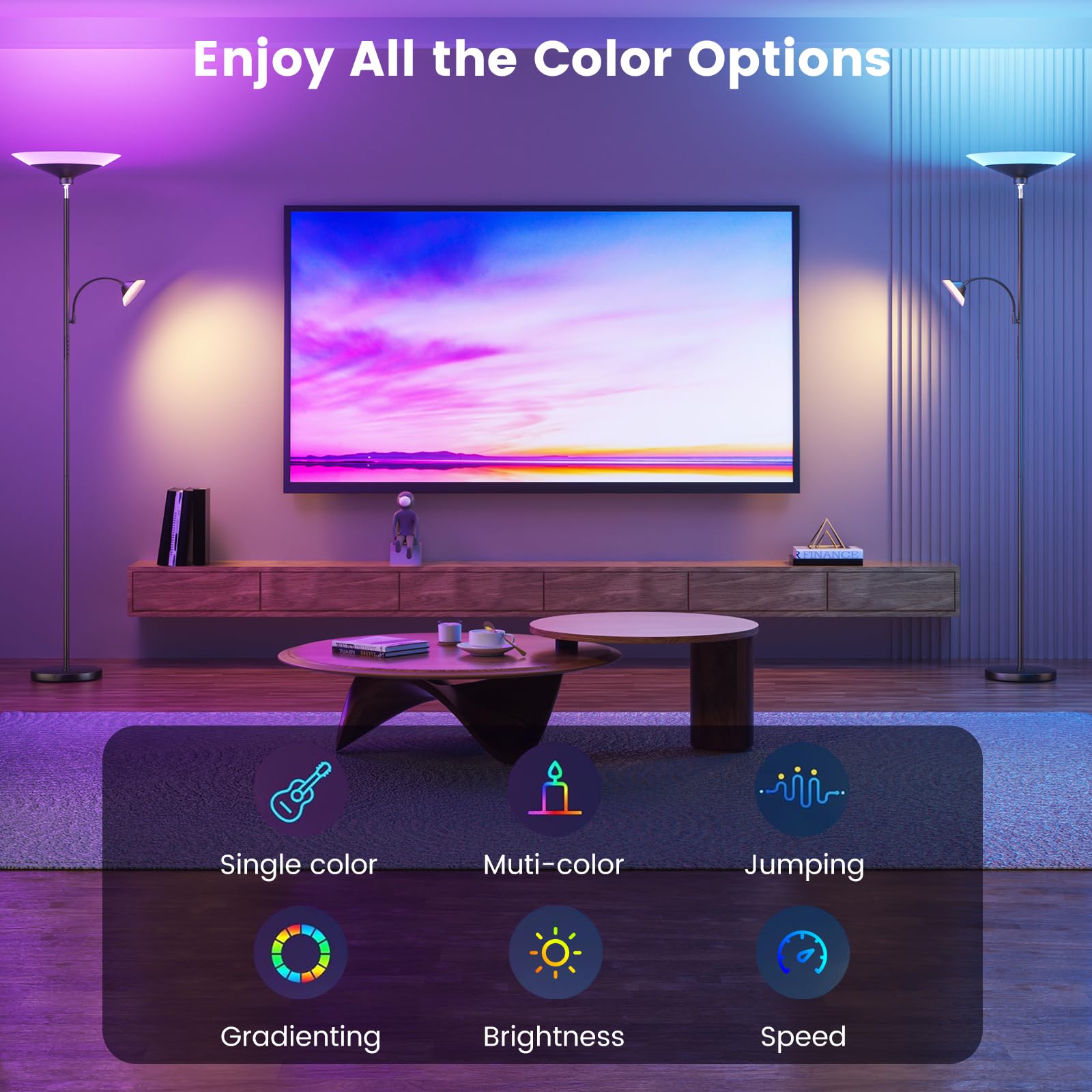 SIBRILLE RGB Torchiere Floor Lamp - 34W Dimmable LED, 72'' Tall, Black Metal, Remote & Button Control, Model MF30021.3