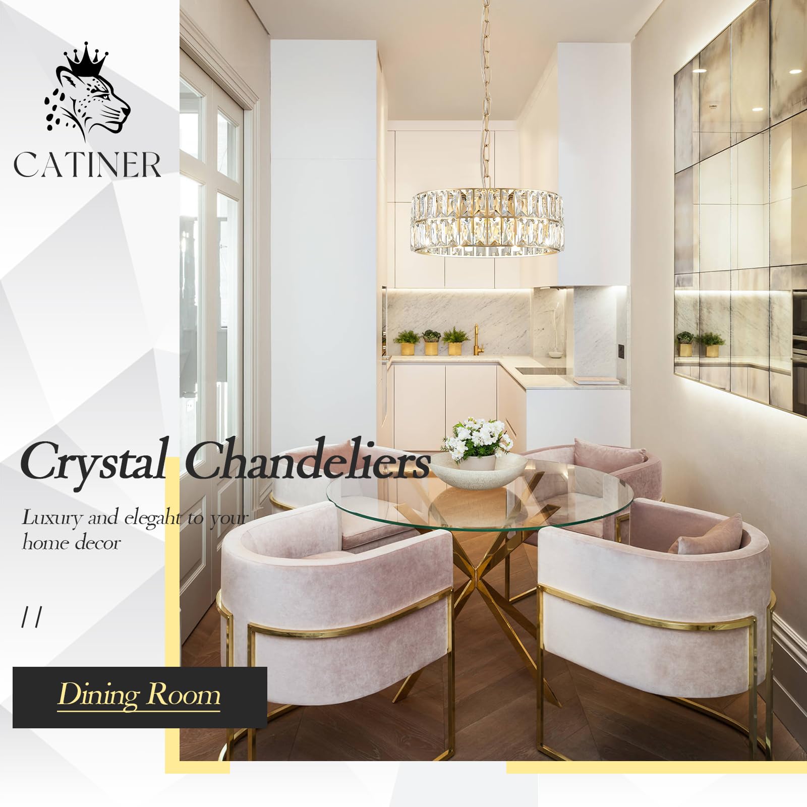 CATINER Gold Crystal Semi Flush Mount Chandelier, 4-Light Drum Pendant Light, 12" for Foyer, Kitchen, Dining Room, Model C80-4G1