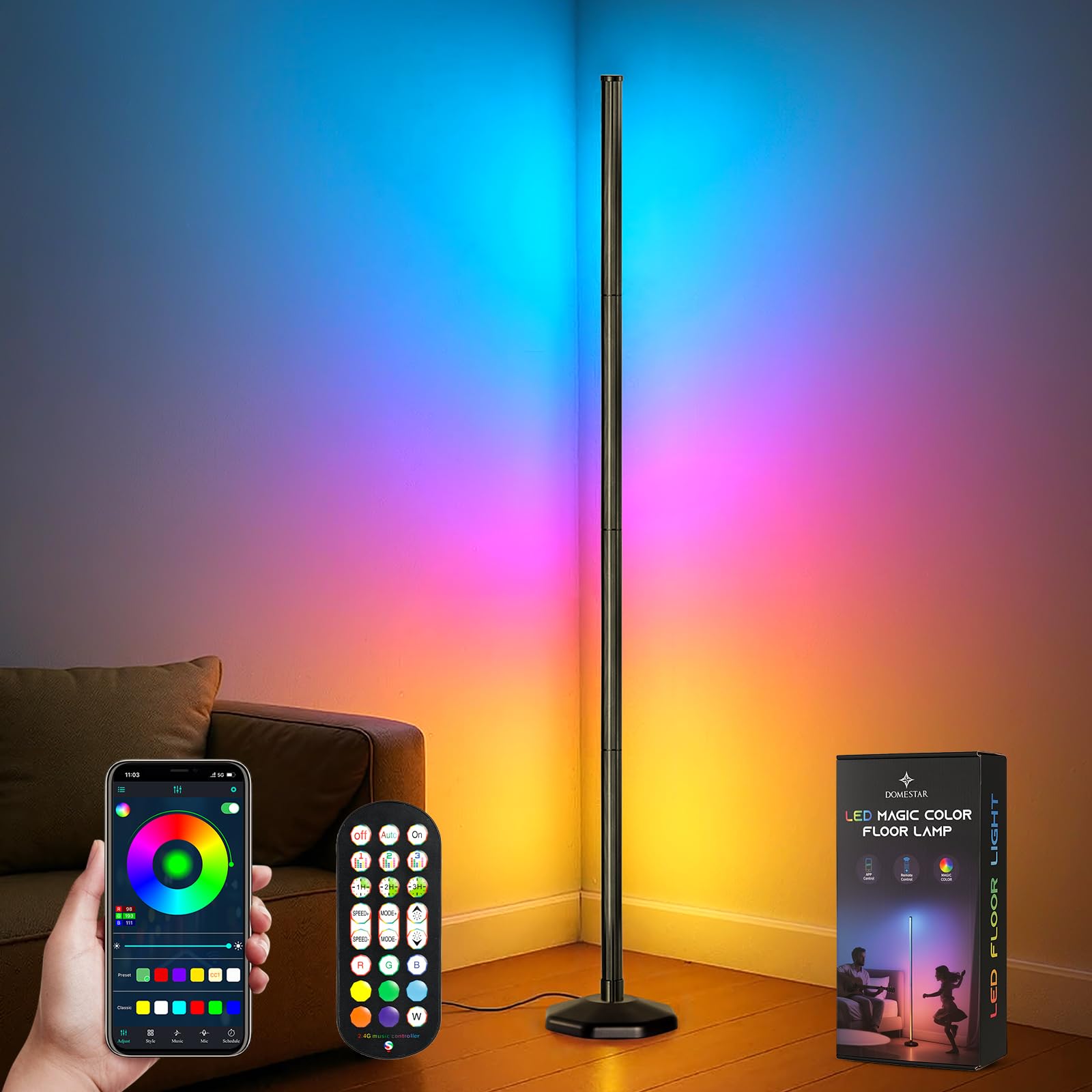 DomeStar Smart RGB Corner Floor Lamp, Alloy Steel, Medium, Multi Color, Model HR4031943, Music Sync, Remote Control