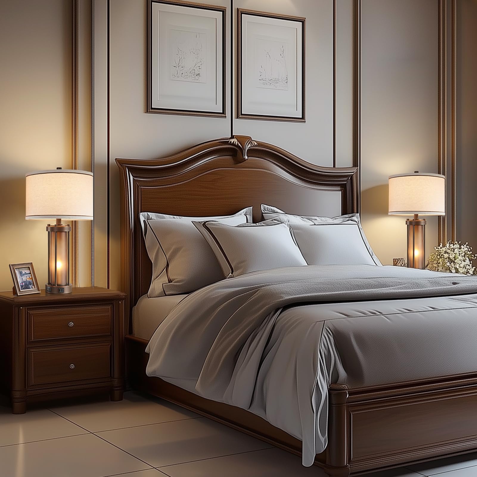 Farmhouse Table Lamps For Living Room With 2 Usb Charging Ports, Vintage Rustic Nightstand Lamp With Amber Glass Nightlight, Ret