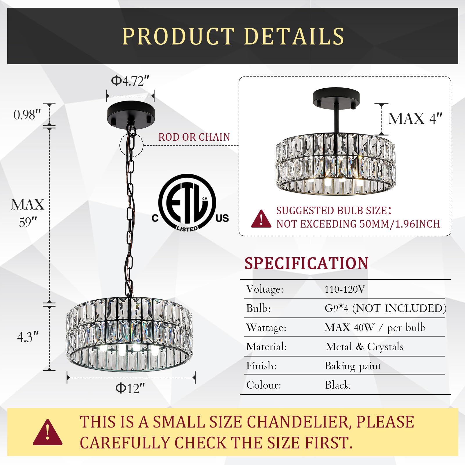 CATINER 4-Light Crystal Pendant Chandelier, 12” Black Semi Flush Mount Ceiling Light for Kitchen Island, Foyer, Hallway, Model C80-4B1