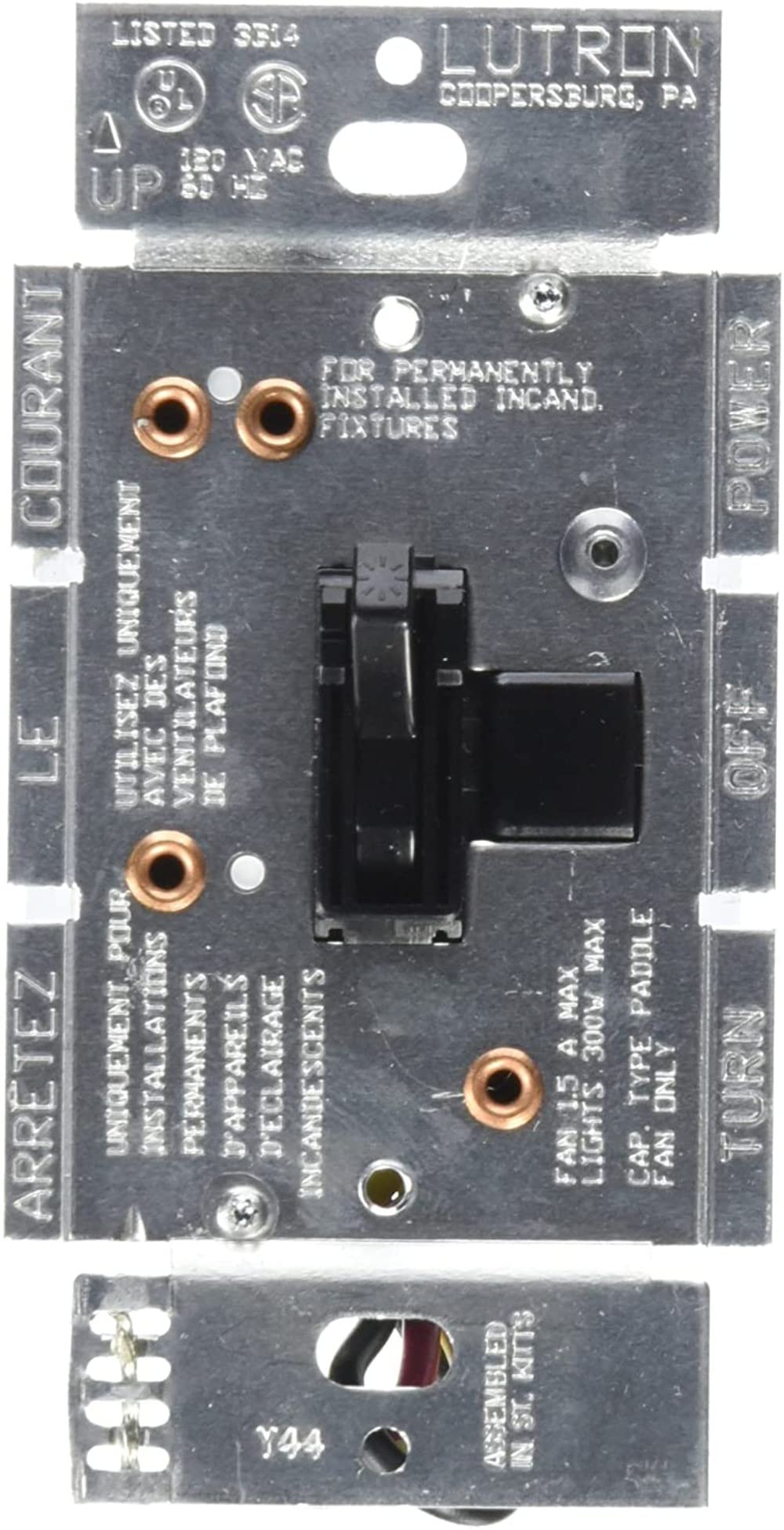 Lutron Toggler Quiet 3-Speed Slide-To-Off Fan Control, 1.5-Amp, Single-Pole/3-Way, AYFSQ-F-BL, Black