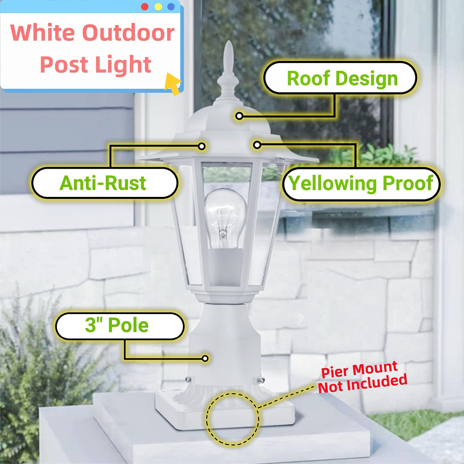 Wisbeam White Outdoor Post Light, Pole Lantern, E26 Base 60W Max, Aluminum Housing Plus Glass, Wet Location Rated, Etl Qualified