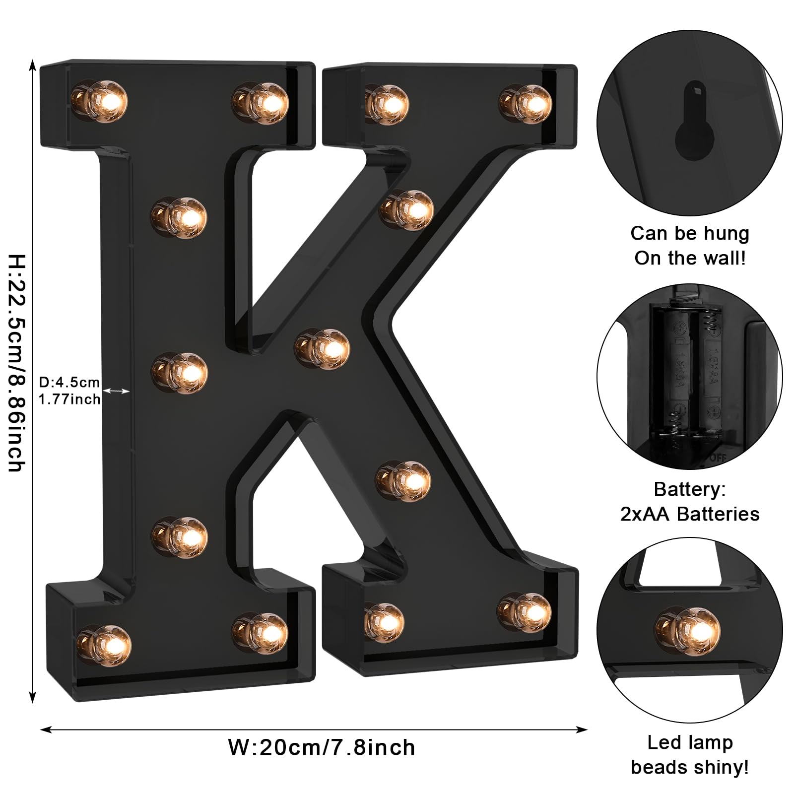 Foaky Black LED Letter Light - Battery Operated Alphabet Decor, Size K, Model Black-25