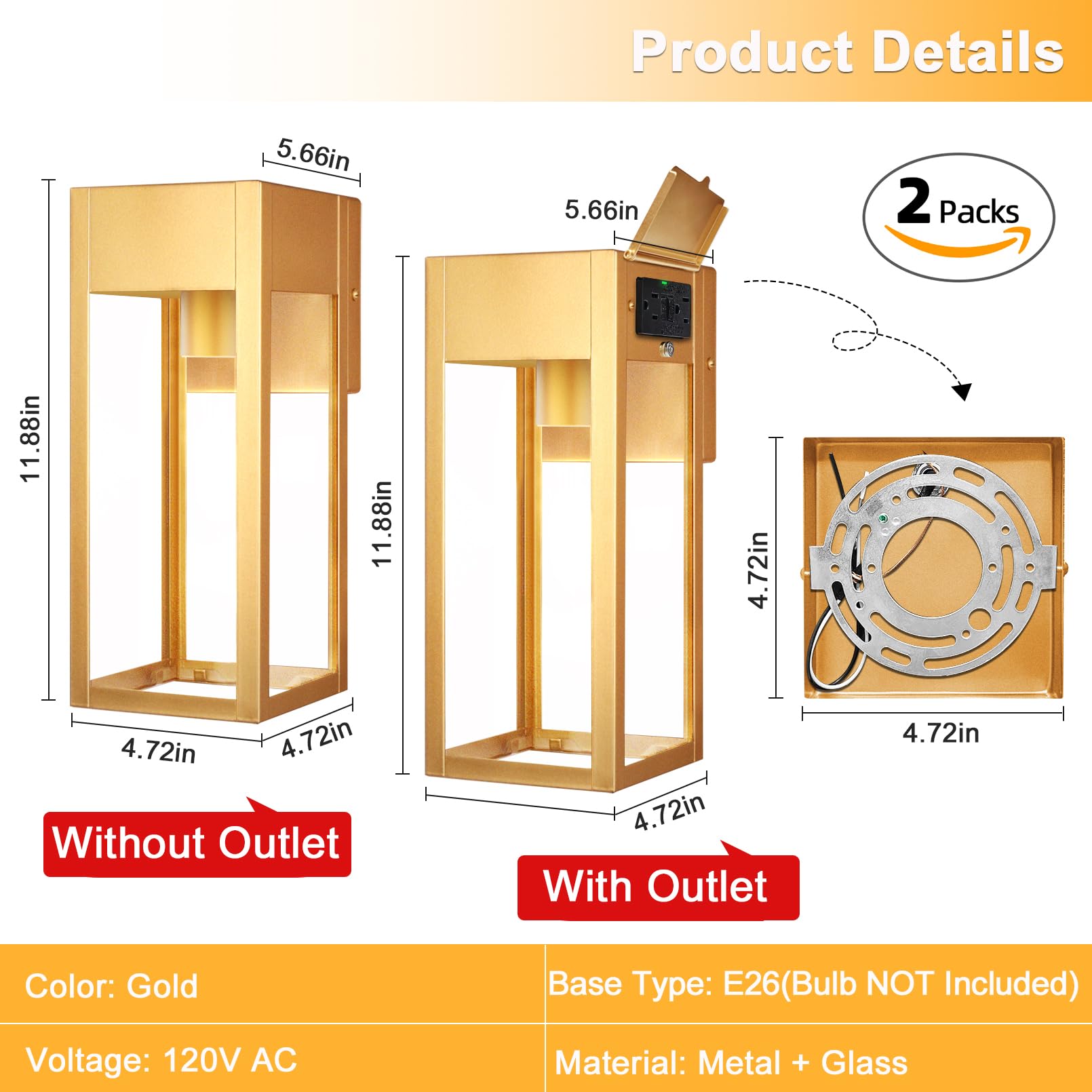 OYKYOHEI Outdoor Wall Sconce Lights, Waterproof Metal Lanterns with GFCI Outlet, No Sensor, Gold, Model TSU-B05053GP-1P-GUS