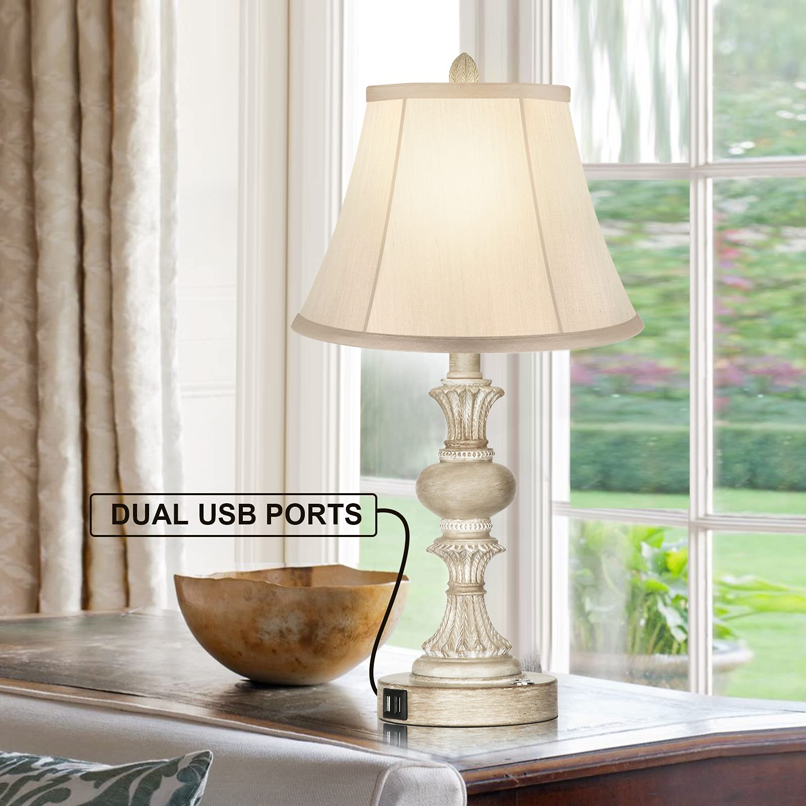 Partphoner Touch Control Table Lamp Set Of 2, 3-Way Dimmable Bedside Nightstand Lamp With 2 Usb Charging Ports, Rustic Farmhouse Desk Lamp With Faux Silk Shade For Living Room, Bedroom - Washed White