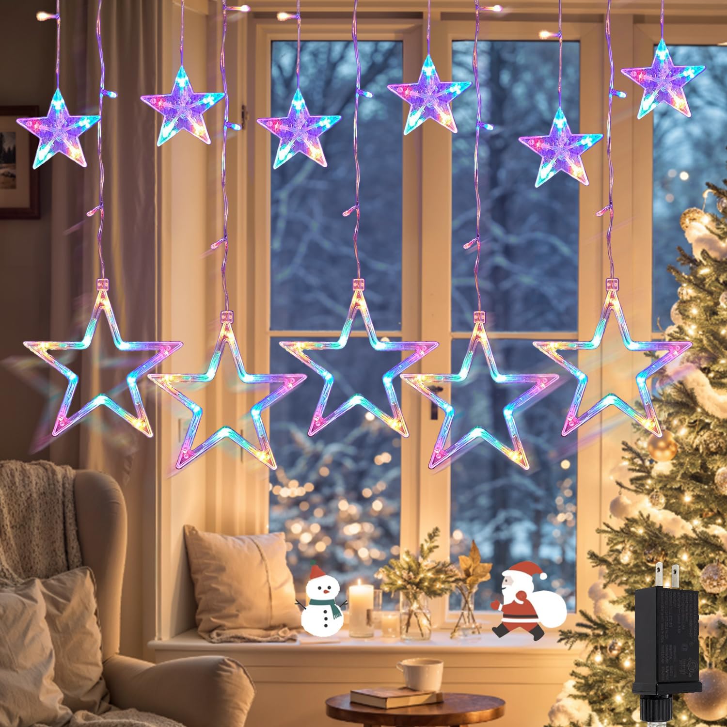Star Curtain Lights 12 Stars 138 LED Multicolor Christmas Window Lights,Curtain String Lights Wall Decor Plug In for Inoor Outdoor with 8 Modes,Waterproof Hanging Wall Lights For Christmas Decorations