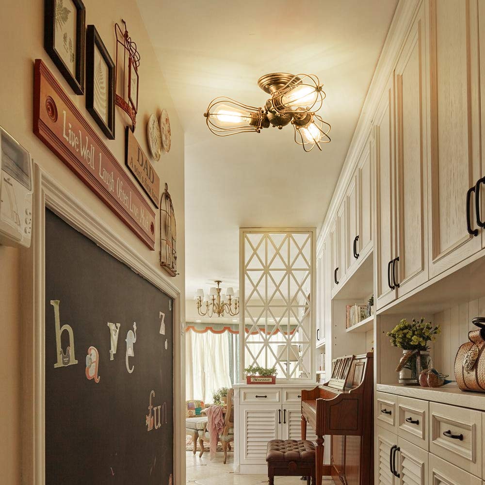 Luling Vintage Ceiling Light Industrial, Adjustable Socket Metal Wire Cage Lamp Semi-Flush Mount Rustic Ceiling Light Metal Lamp