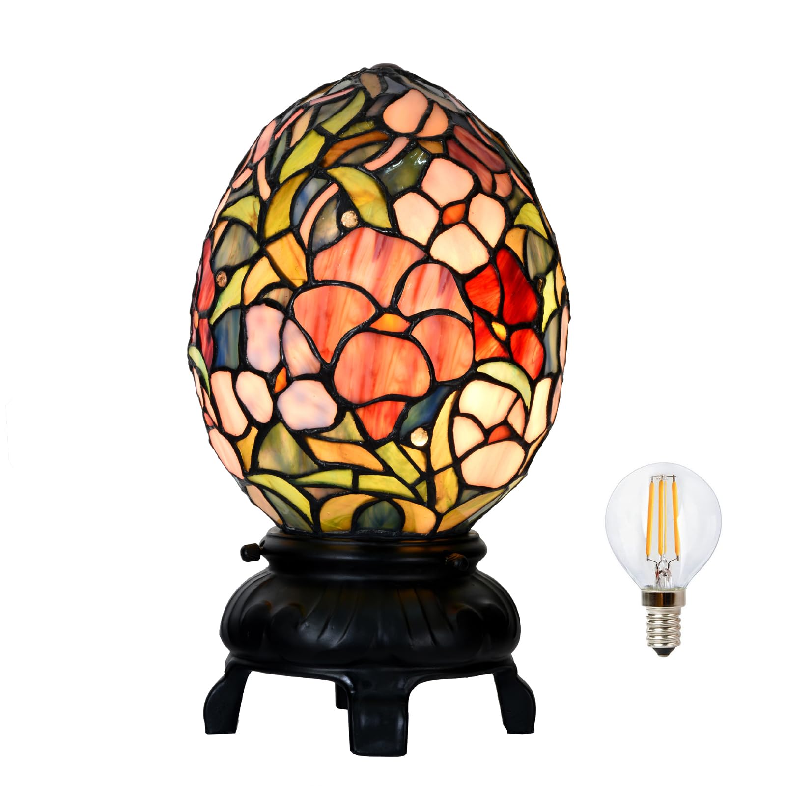 HomeBeauty A0015 Tiffany Style Stained Glass Egg Table Lamp - Floral Pattern Decorative Night Light, 6.75 W x 12 OH for Bedroom 