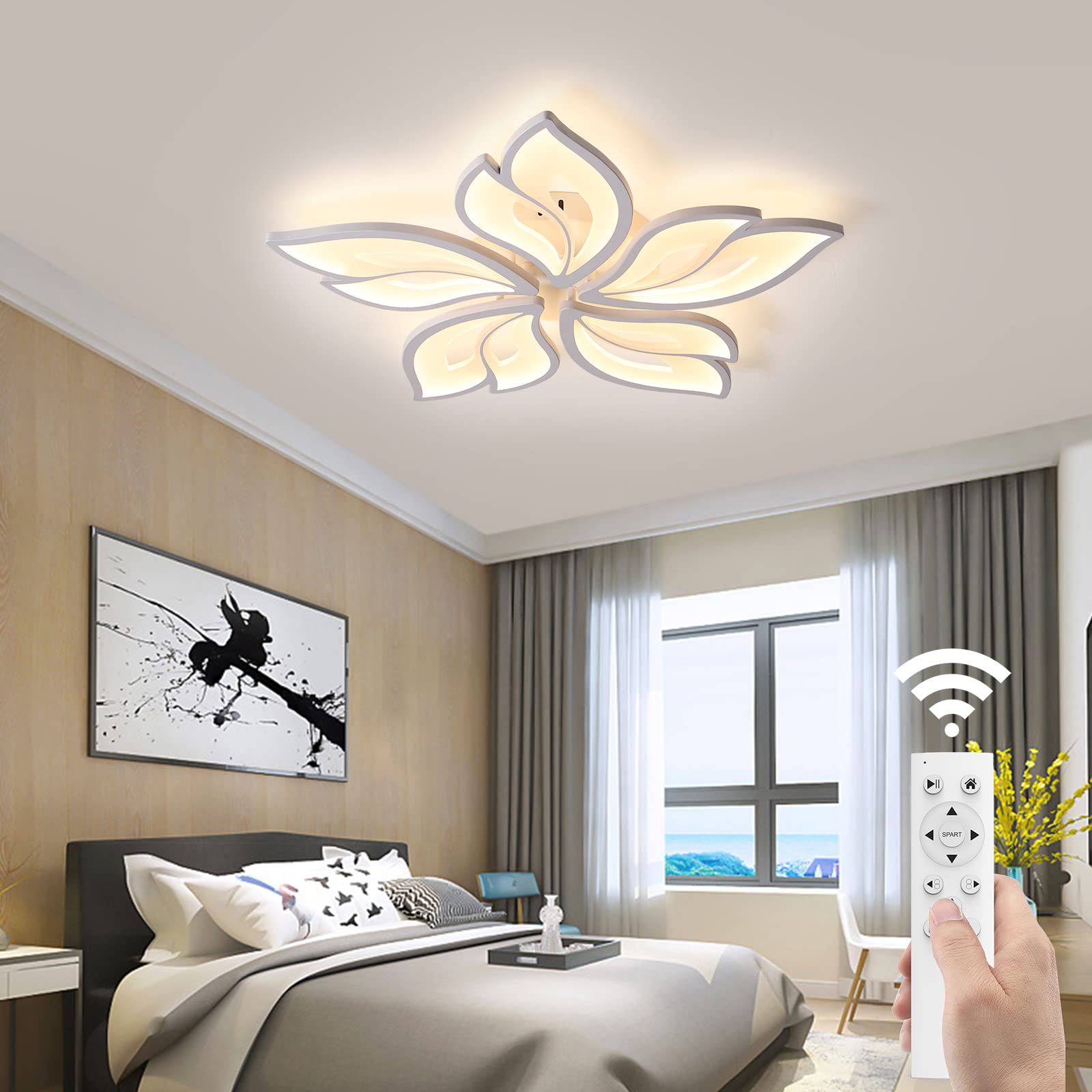 JAYMP LED Ceiling Light - Dimmable Flower Shaped Lamp with Remote Control, 25.6in, White/5 Petals, Model GB6105