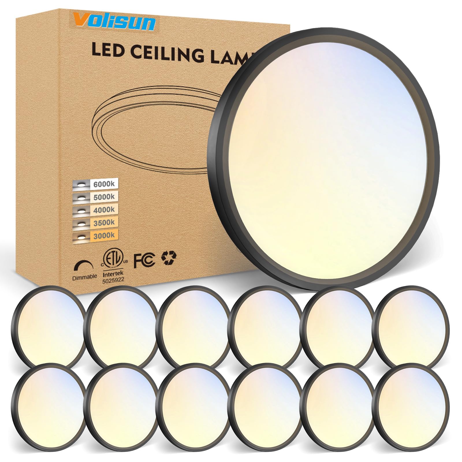 VOLISUN 12Pack 5CCT LED Flush Mount Ceiling Light, 7in, Dimmable, Plastic, Black, Model 21422ZM