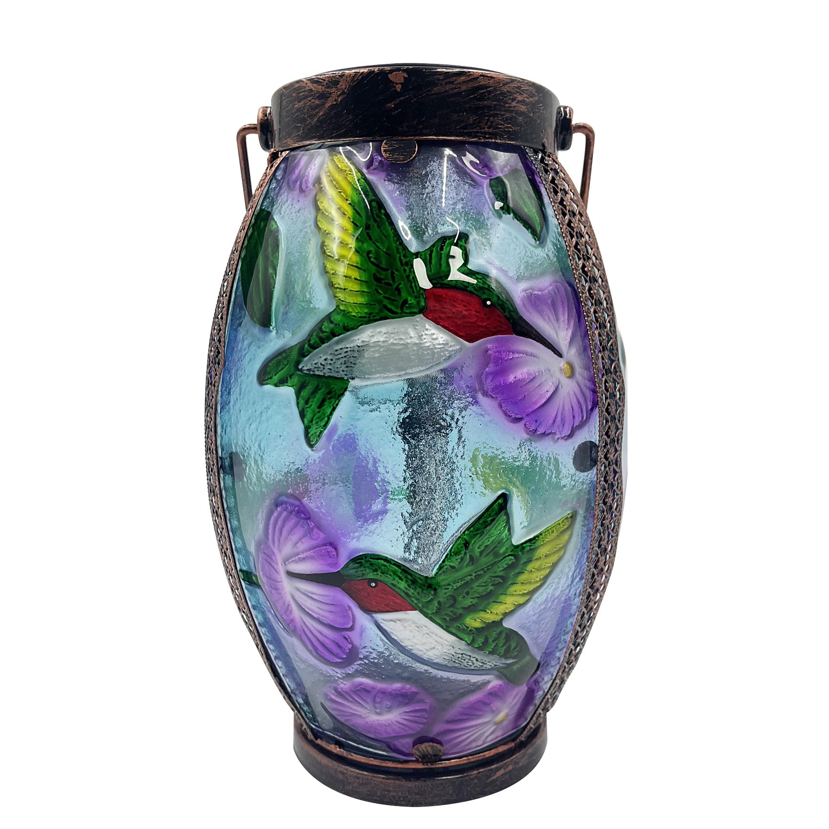 TEYIGARDEN Hummingbird Solar Lanterns Glass & Metal Hanging Solar Lantern Outdoor Waterproof 13.8 H Tabletop Light for Garden Pa