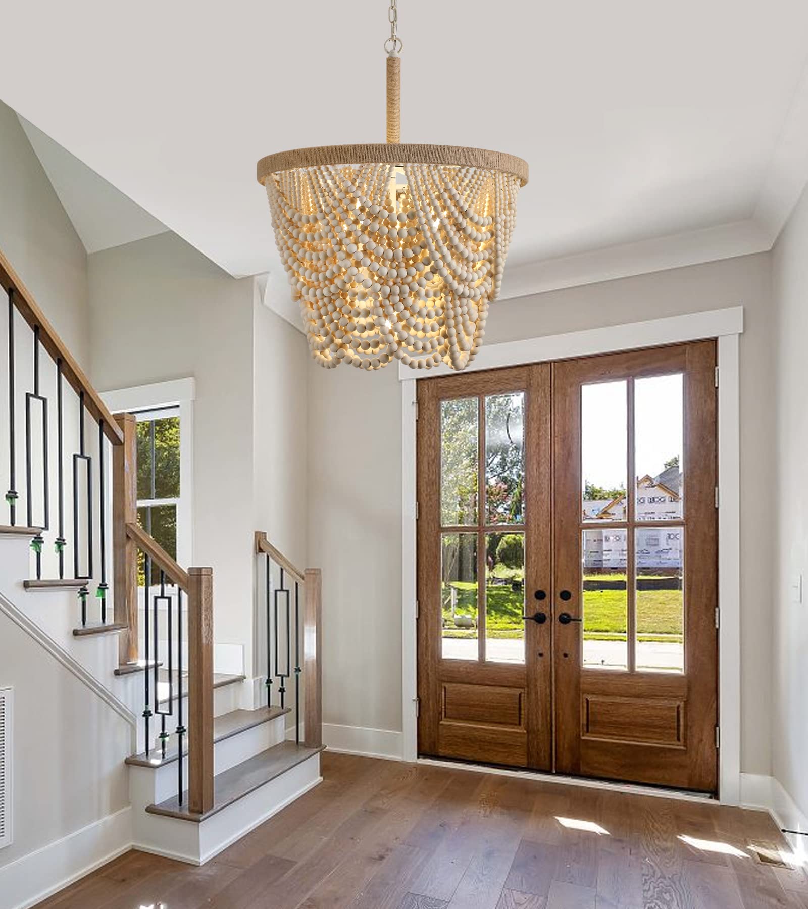 Q&S Boho Wood Beaded Chandelier, 5 Lights 20IN, Farmhouse Coastal Design, UL Listed, Ideal for Dining Room & Living Spaces