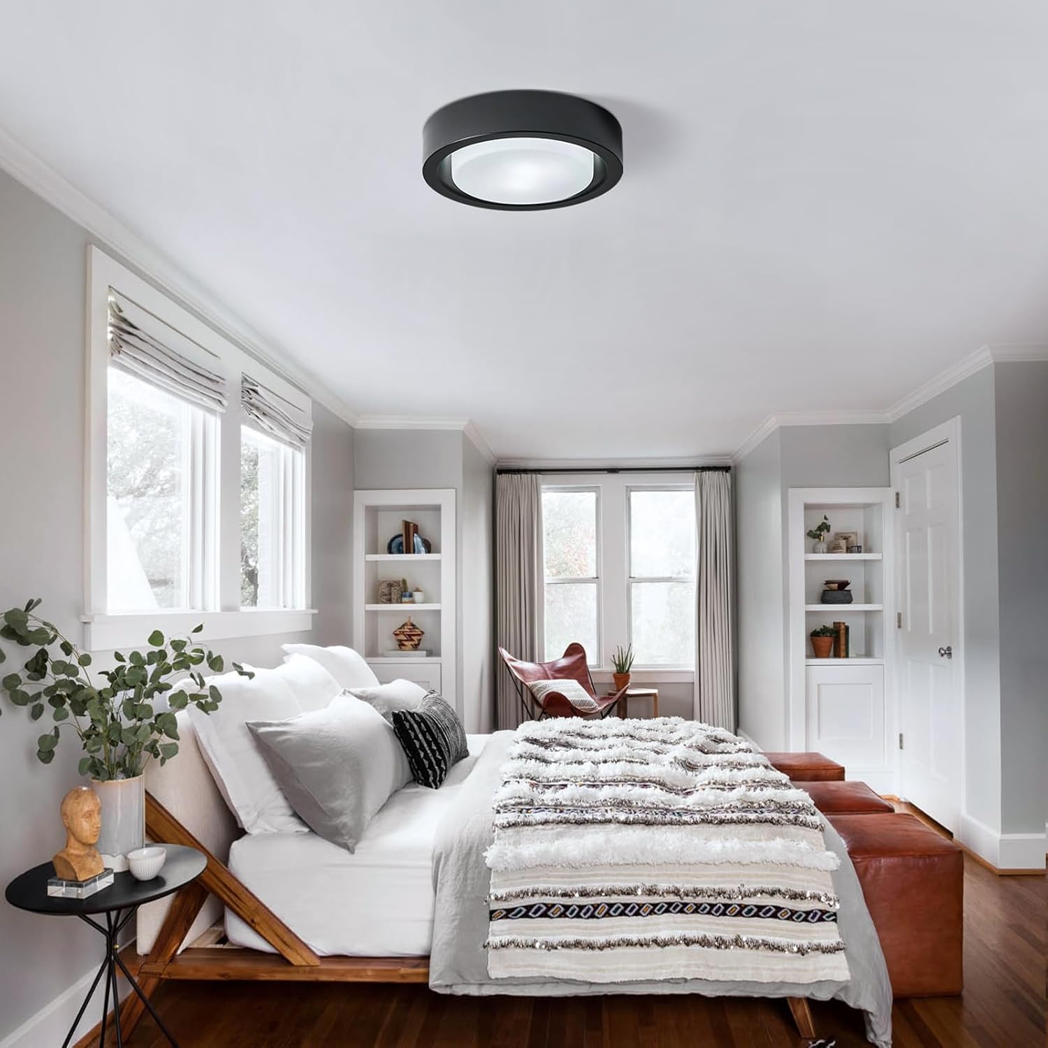 Cotulin Black Flush Mount Ceiling Light, 13 Matte Metal Fixture With White Frosted Glass Shade For Hallway, Bedroom, Outdoor