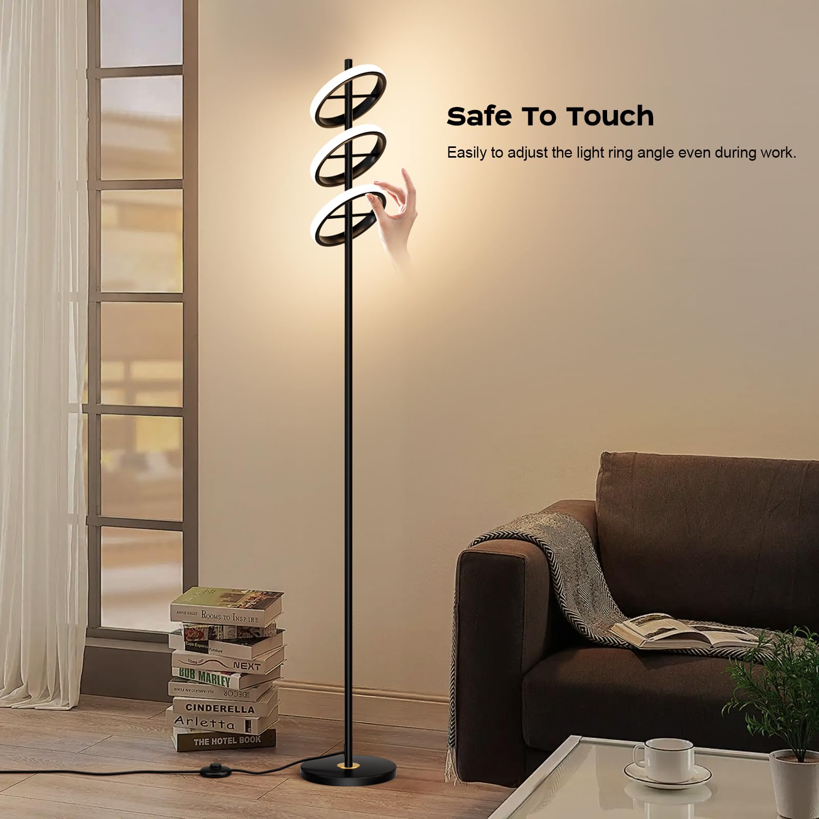 Figdifor Modern Led Floor Lamp - Adjustable 3 Saturn Rings-Contemporary Tall Standing Lamp For Living Room & Office Bedroom Read