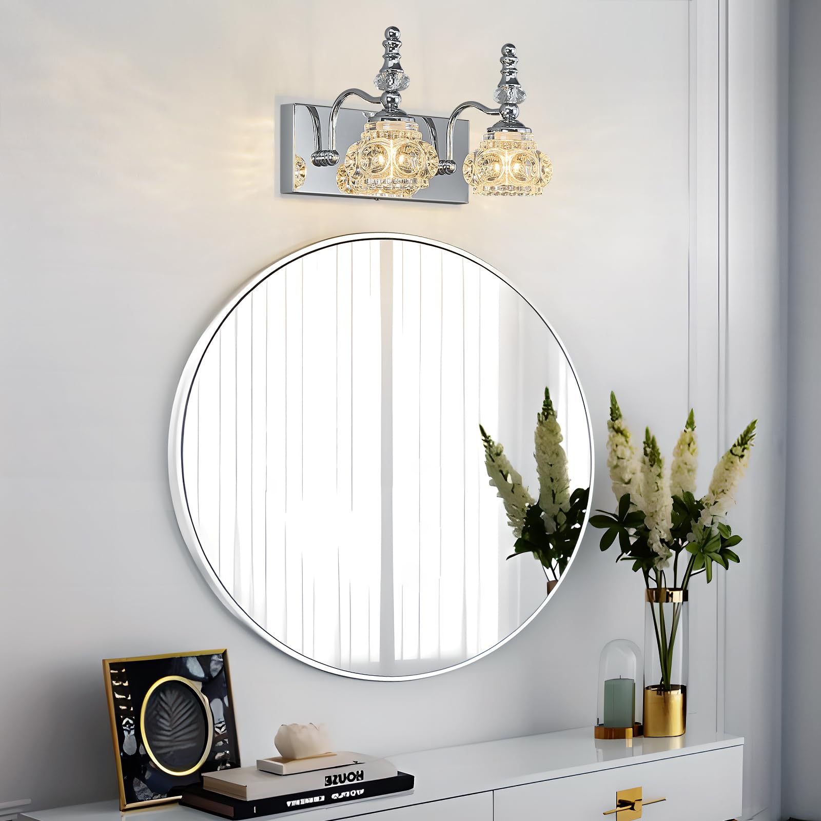 Lbsqj Modern Glass Crystal Vanity Light - Vintage Bathroom Lighting Fixtures Over Mirror  2 Light Vanity Lights G9 Bulb (11.81 Inch  Chrome)