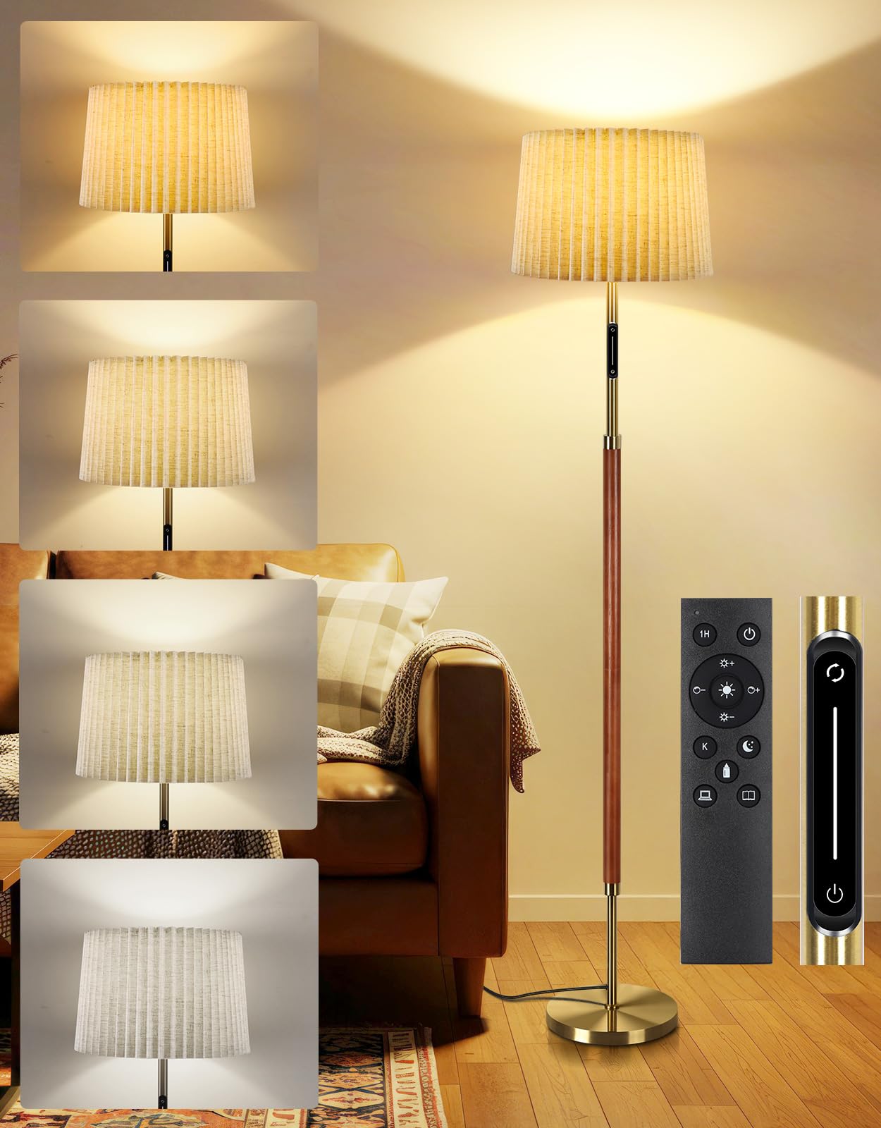 OUTON Wood Floor Lamp - Mid Century LED Dimmable with Remote & Touch Control, 4 Color Temperatures, Walnut