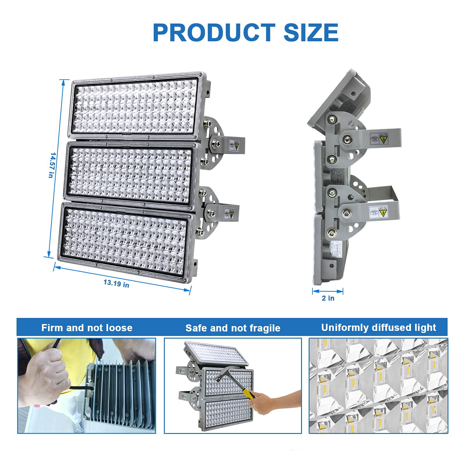 Kekeou 33000LM 300W LED Flood Light - IP67 Waterproof, 6500K, 3 Adjustable Heads for Sports Fields, 1500W Equivalent, White