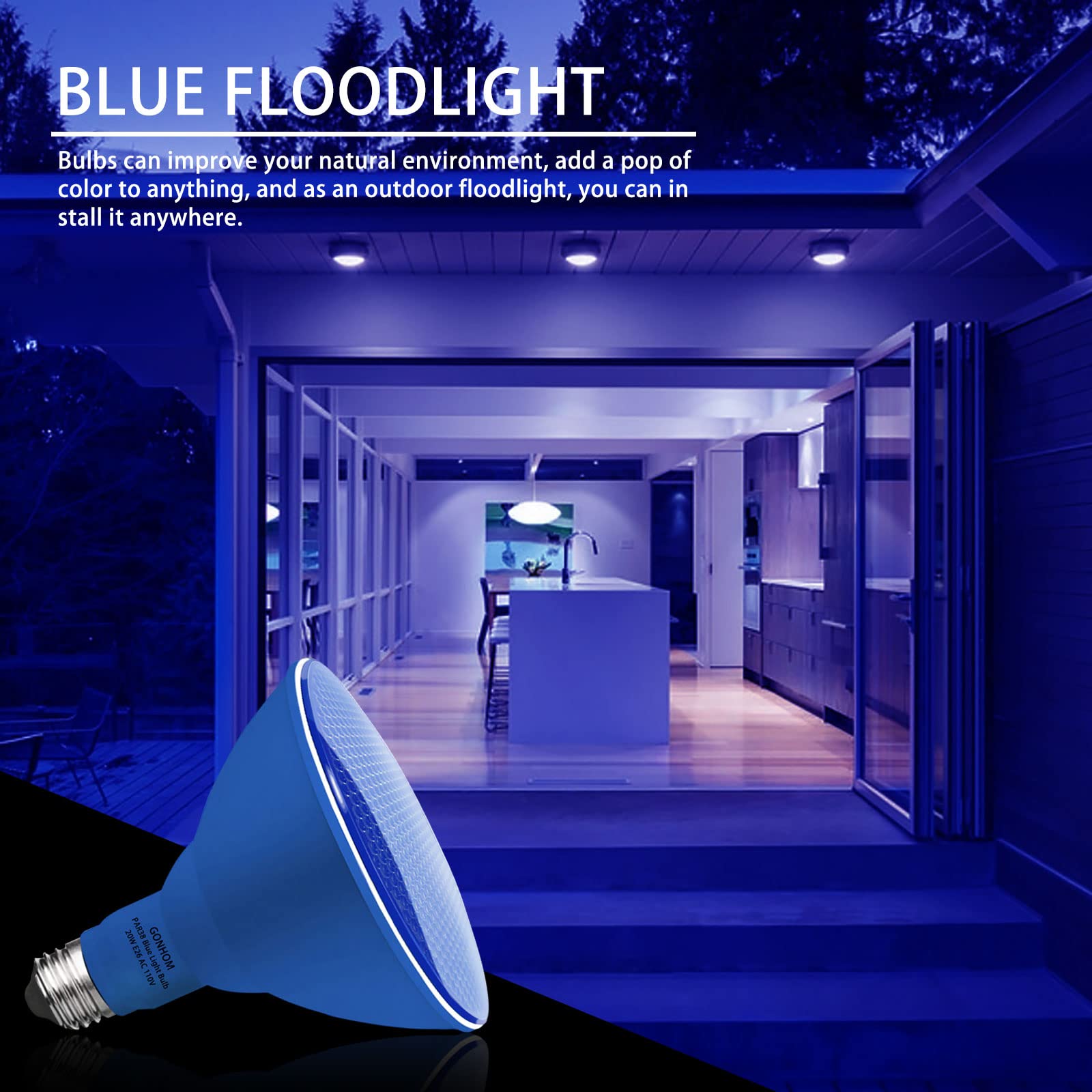 Gonhom 2 Pack Par38 Blue Led Light Bulbs, Dimmable, 20W, E26 Base, Outdoor Indoor, Christmas Lighting, 1800 Lm, Long Lifespan