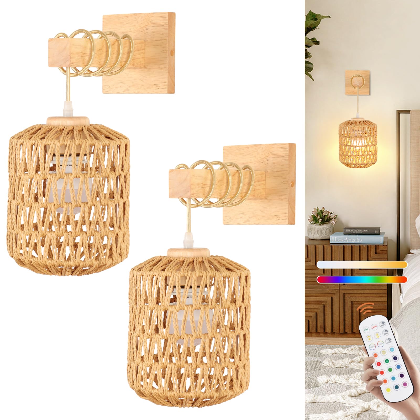 Wood Wall Sconce Battery Operated Set of 2, Boho Rechargeable Rattan Wall Light with Remote Control, Farmhouse Dimmable Wireless
