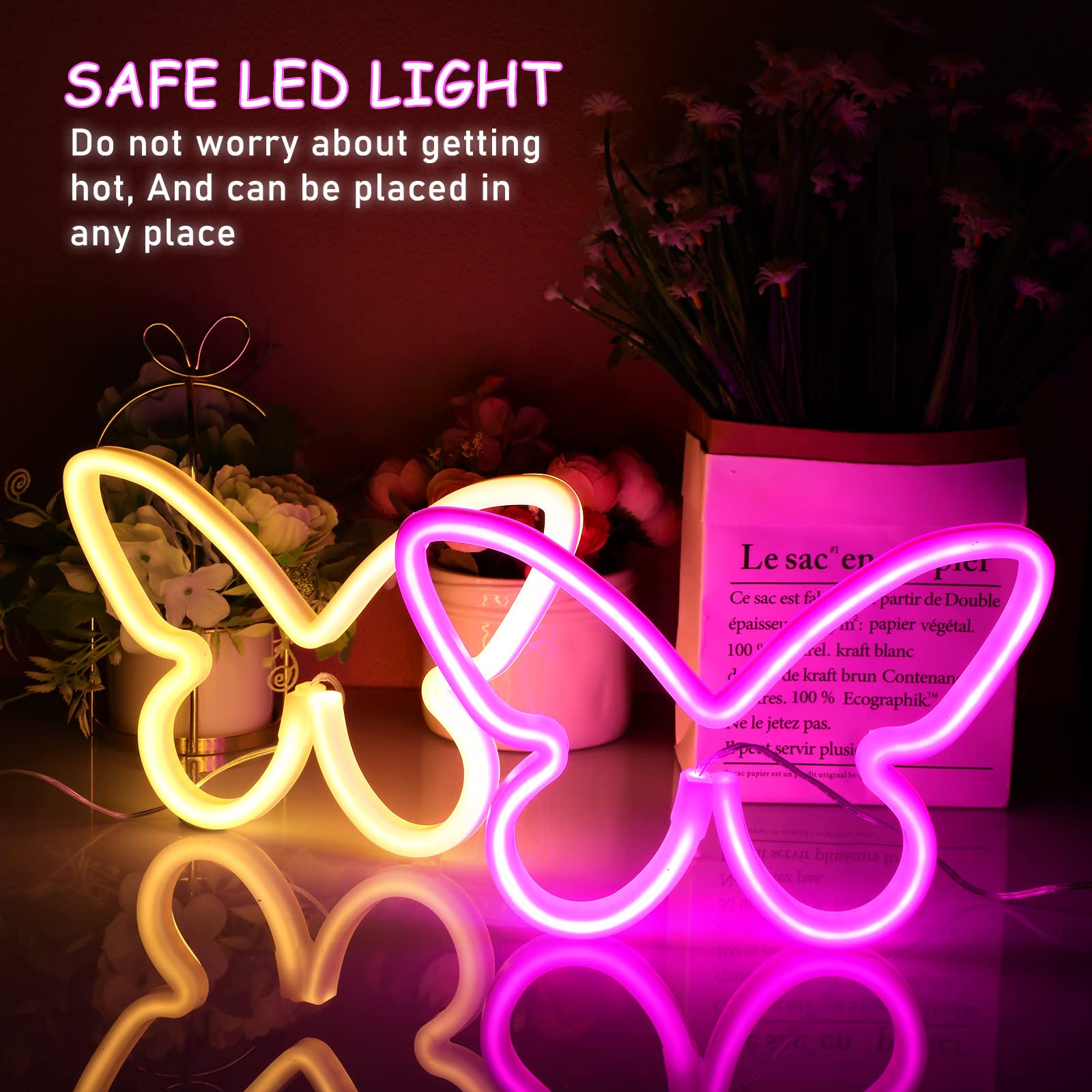 Riakrum LED Butterfly Neon Light Decor - 2 Pcs - USB & Battery Powered - Pink & Warm White - Model Riakrum-Signs Butterfly LED Light-026