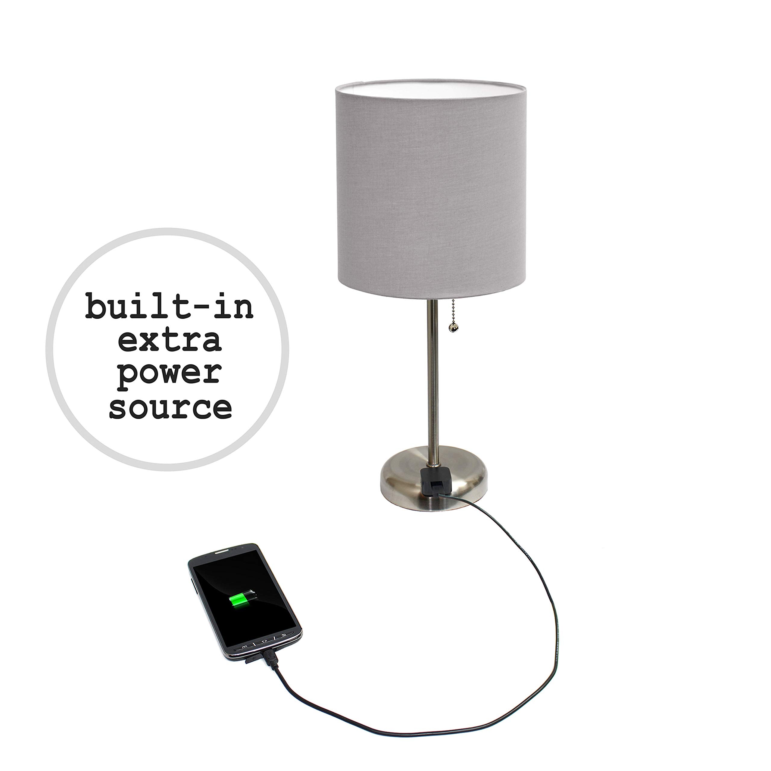 Limelights Brushed Steel Stick Table Lamp Set of 2 with Charging Outlet and Gray Fabric Shade, Model LC2001-GRY-2PK