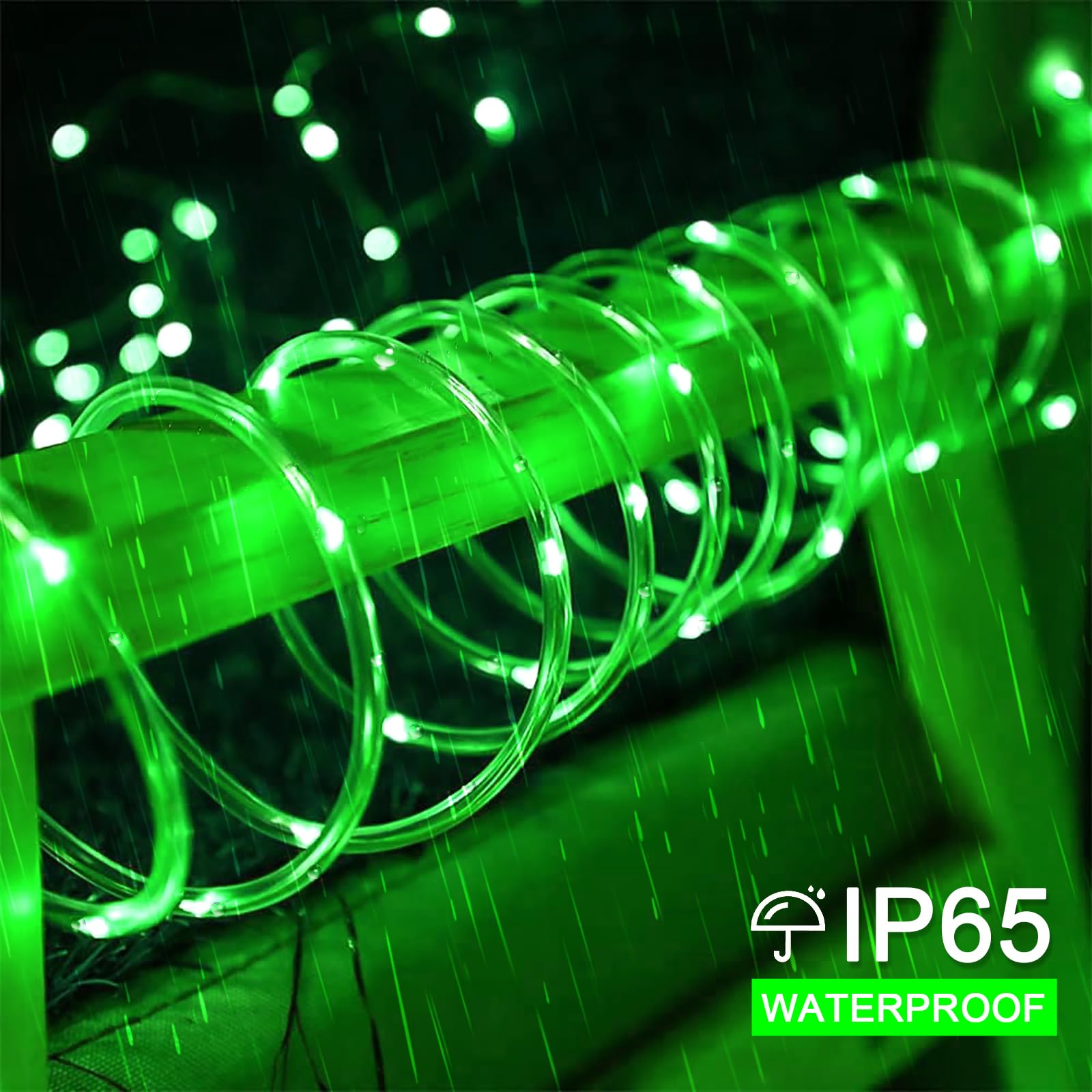 JMEXSUSS Solar Rope Lights, 200 LED, 66 ft, Green PVC Tube, Waterproof, Outdoor Halloween and Christmas String Lights