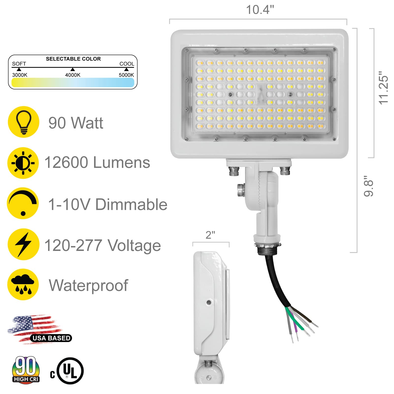 Nuwatt 90W Led Flood Light, 3Cct 3000K/4000K/5000K Selectable, Ip65 Waterproof Lighting, Adjustable Knuckle Mount, 12600Lm, 0-10V Dimmable, 120-277V, Outdoor Security Floodlight For Yard, White, Ul