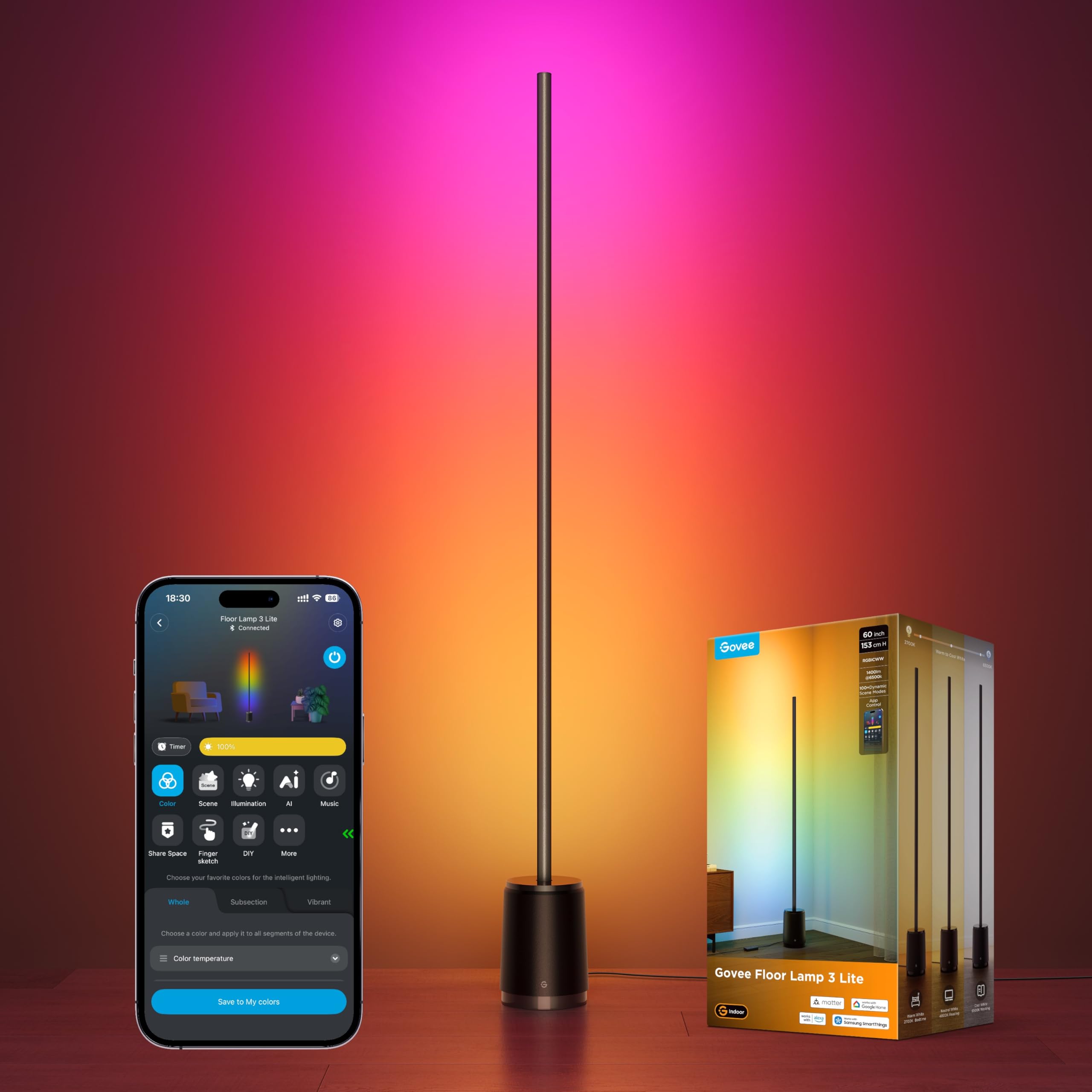 Govee Floor Lamp 3 Lite, Smart RGBIC LED Corner Lamp Compatible with Alexa, SmartThings, Matter, 1400lm Dimmable Color Changing 