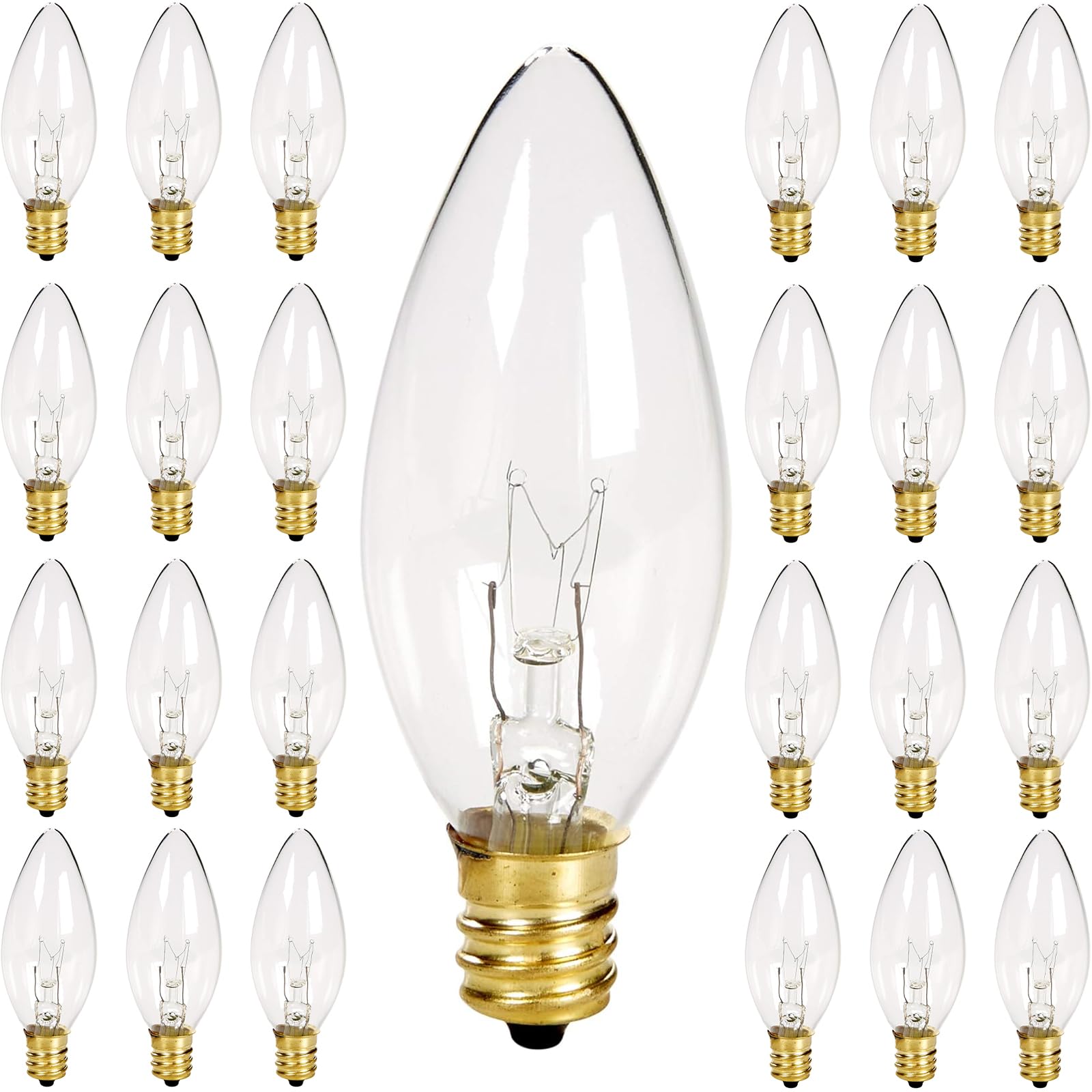 25 Pack Torpedo Tip Candelabra Replacement - 7W Night Light Bulbs, C7/E12 Base, For Chandeliers And Window Candle Lights