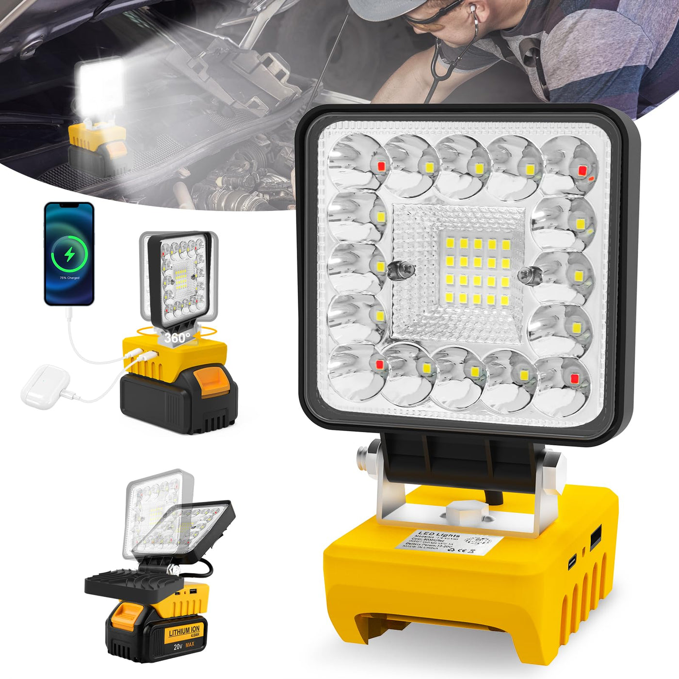 dewalt 18v rechargeable flashlight Cordless LED Work Light Compatible with Dewalt 18V 20VBattery, T-SUNic – Lightsdaddy