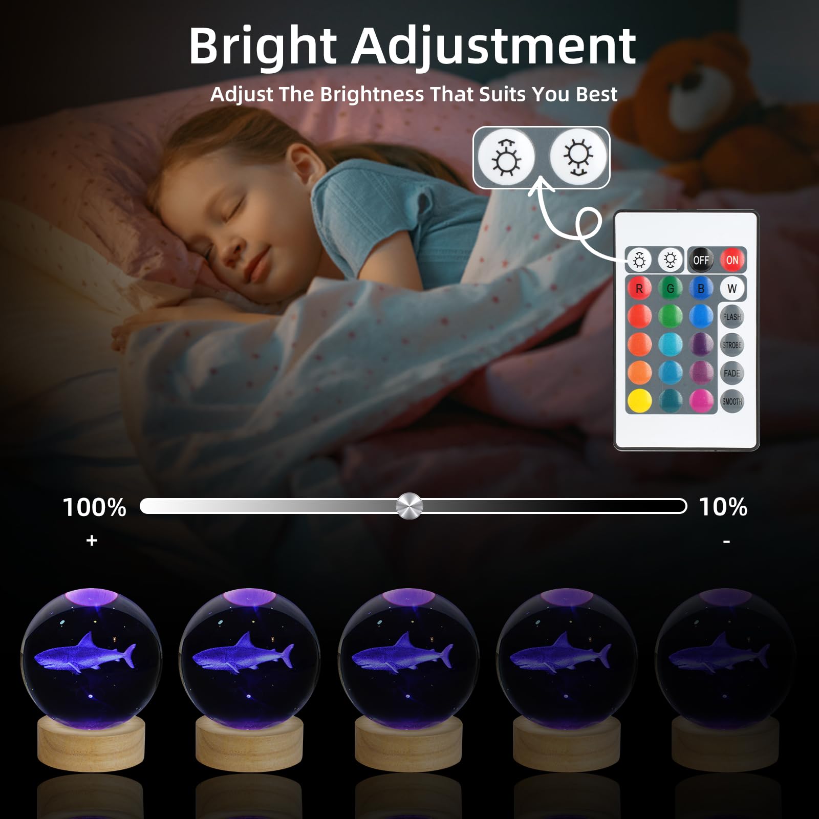 ZXBLAQ 3D Shark Crystal Ball Night Light, 3.15" Glass Lamp with 16 Color LED Base, Perfect Gift for Kids and Friends