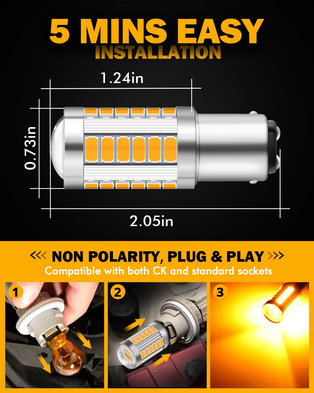 Auxbeam LED Turn Signal Light Bulbs 1157 2057 2357 7528 BAY15D Amber Yellow Aluminum Pack of 2