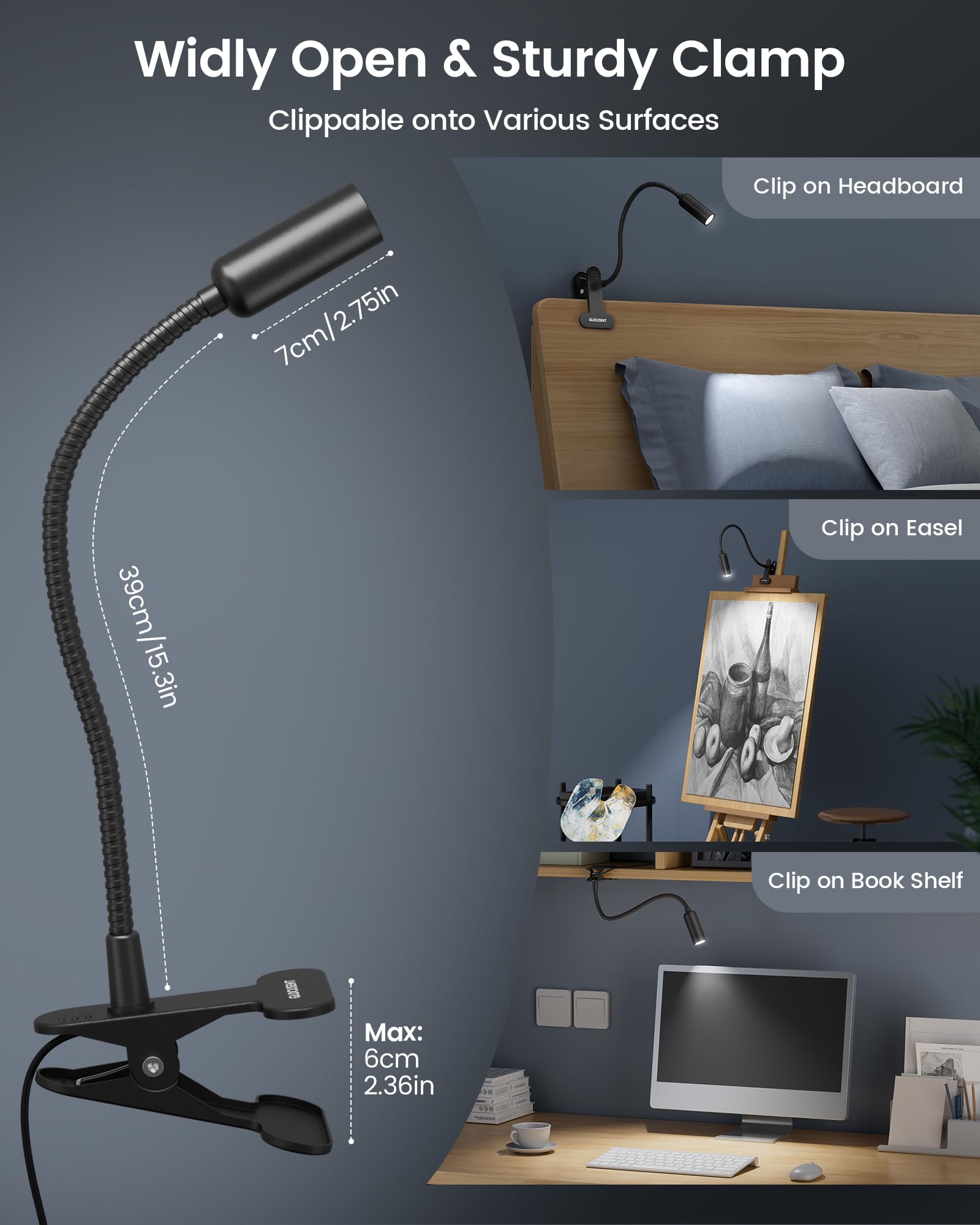 Glocusent Clip On Lamp, Eye Caring Reading Lamp, 10 Brightness Levels From 20 To 180 Lm Clip On Light, Usb Light With Flexible G