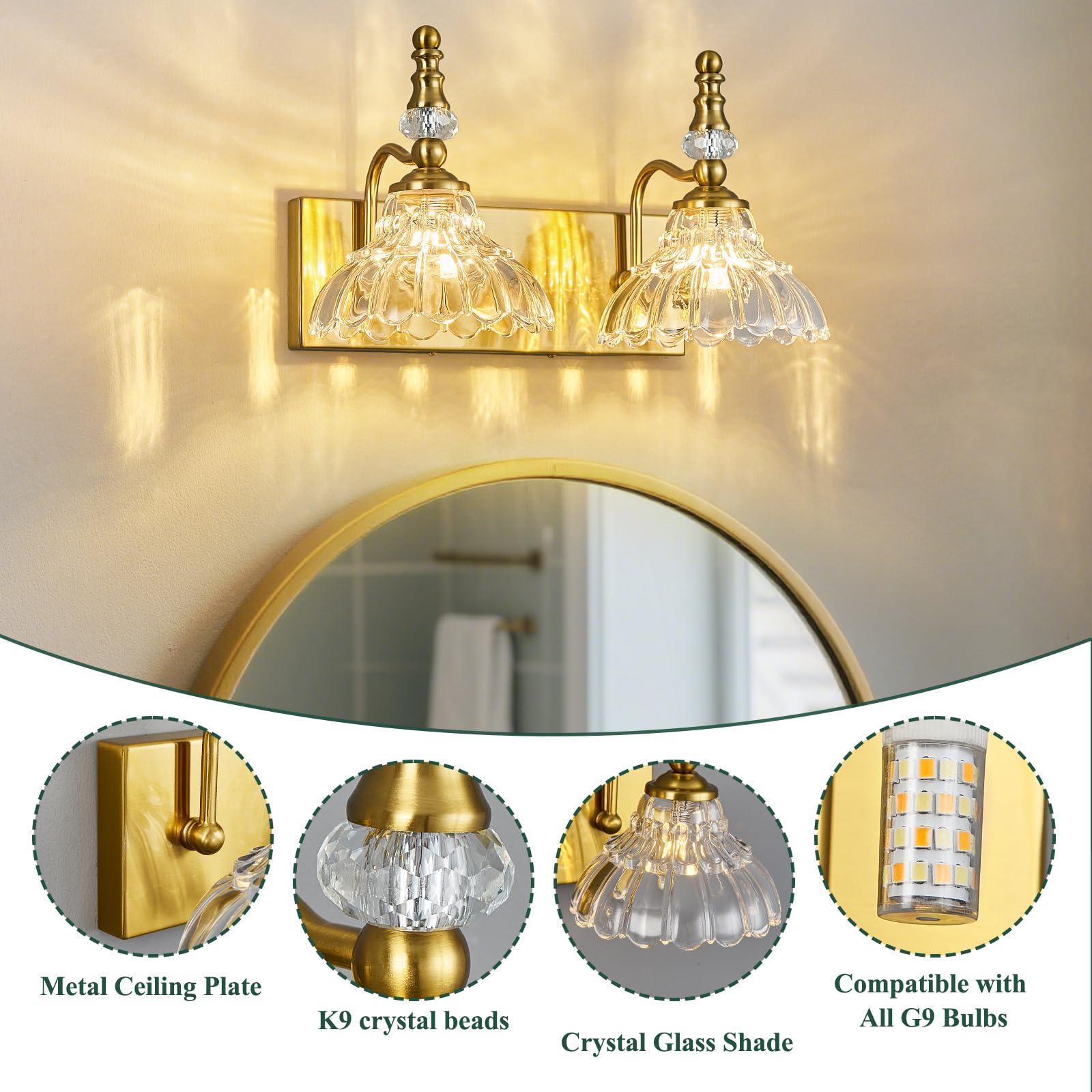 Lbsqj Vintage Bathroom Vanity Light  2-Light Gold Vanity Lighting Fixture With Flower Glass Shade  Bathroom Lighting Fixtures Over Mirror
