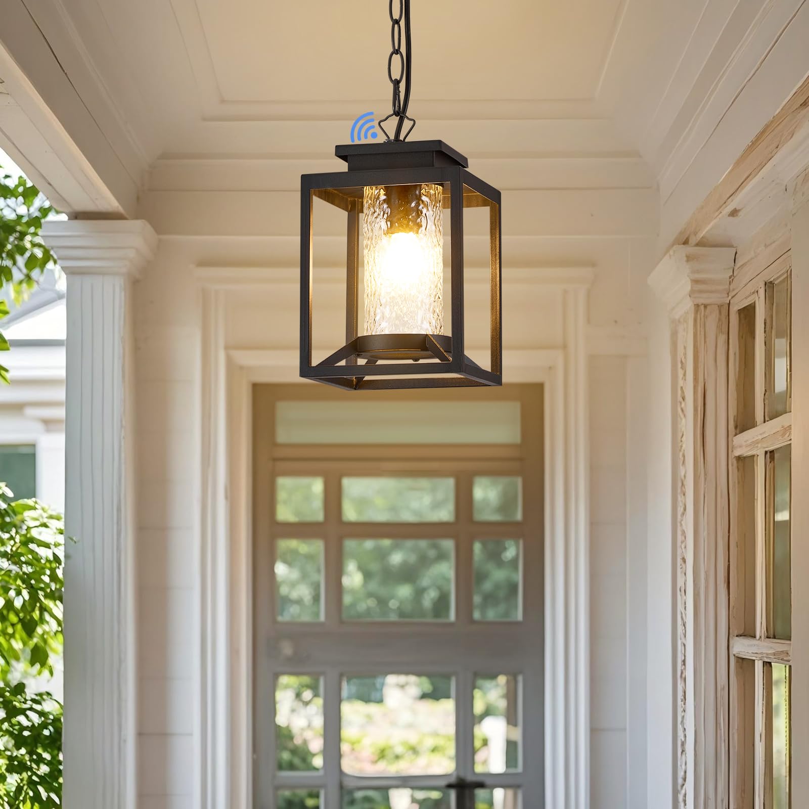 Osimir Outdoor Pendant Light, Black Metal Porch Chandelier with Hammered Glass, Adjustable Chain, Model OS-KY1001, Small Size