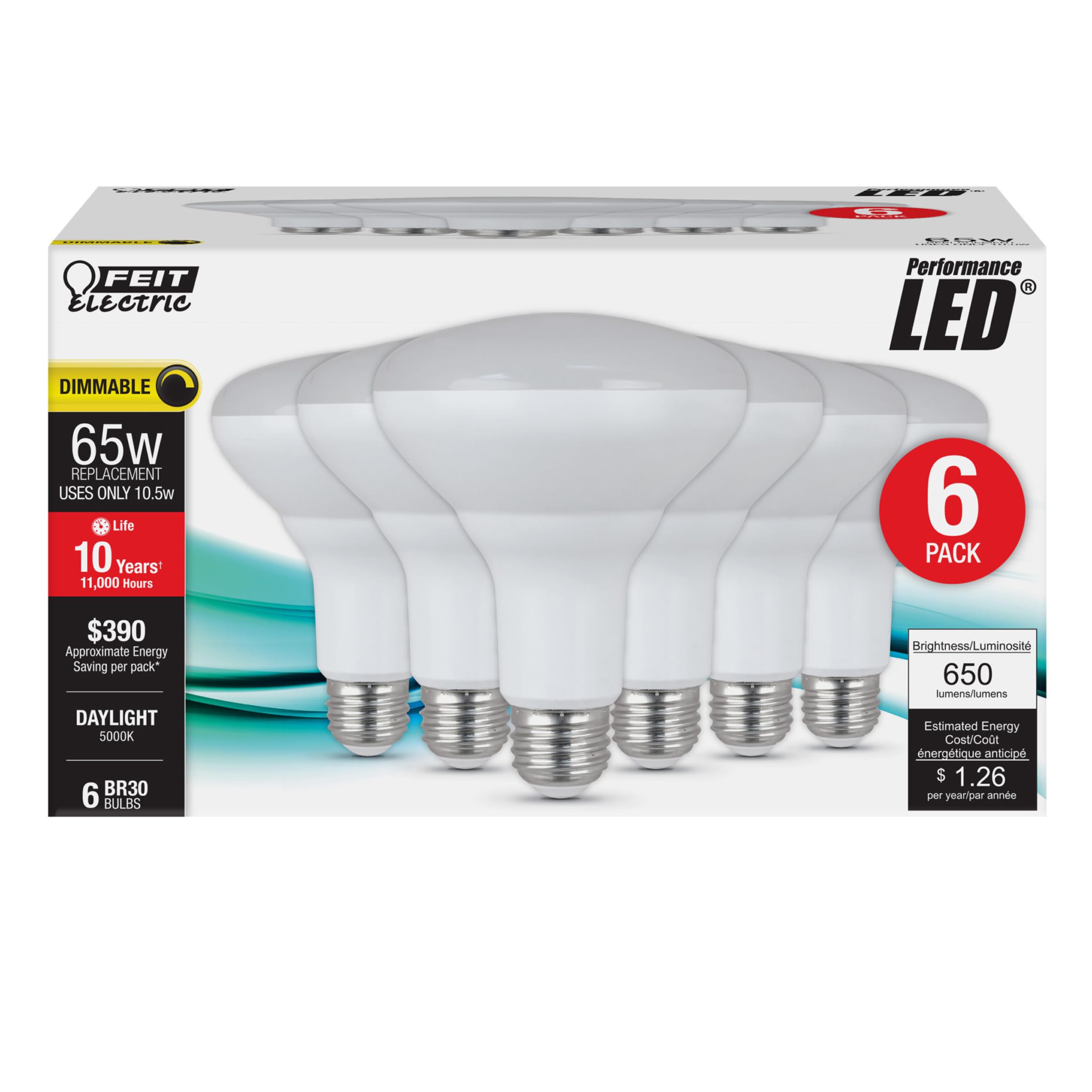 Feit Electric LED BR30 Light Bulbs, Dimmable, 65W Equivalent, 650 Lumens, 5000k Daylight, 6 Count, Model BR30DM/850
