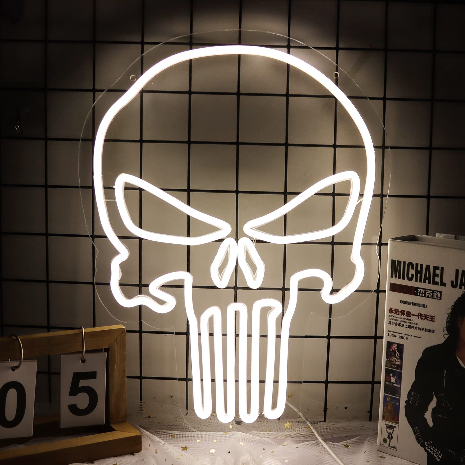 JFLLamp Neon Sign - Skull Punisher Logo LED Wall Decor, 16.5x12.6 Inch, White, USB Powered, Perfect for Bedroom, Man Cave, Bar, Cafe