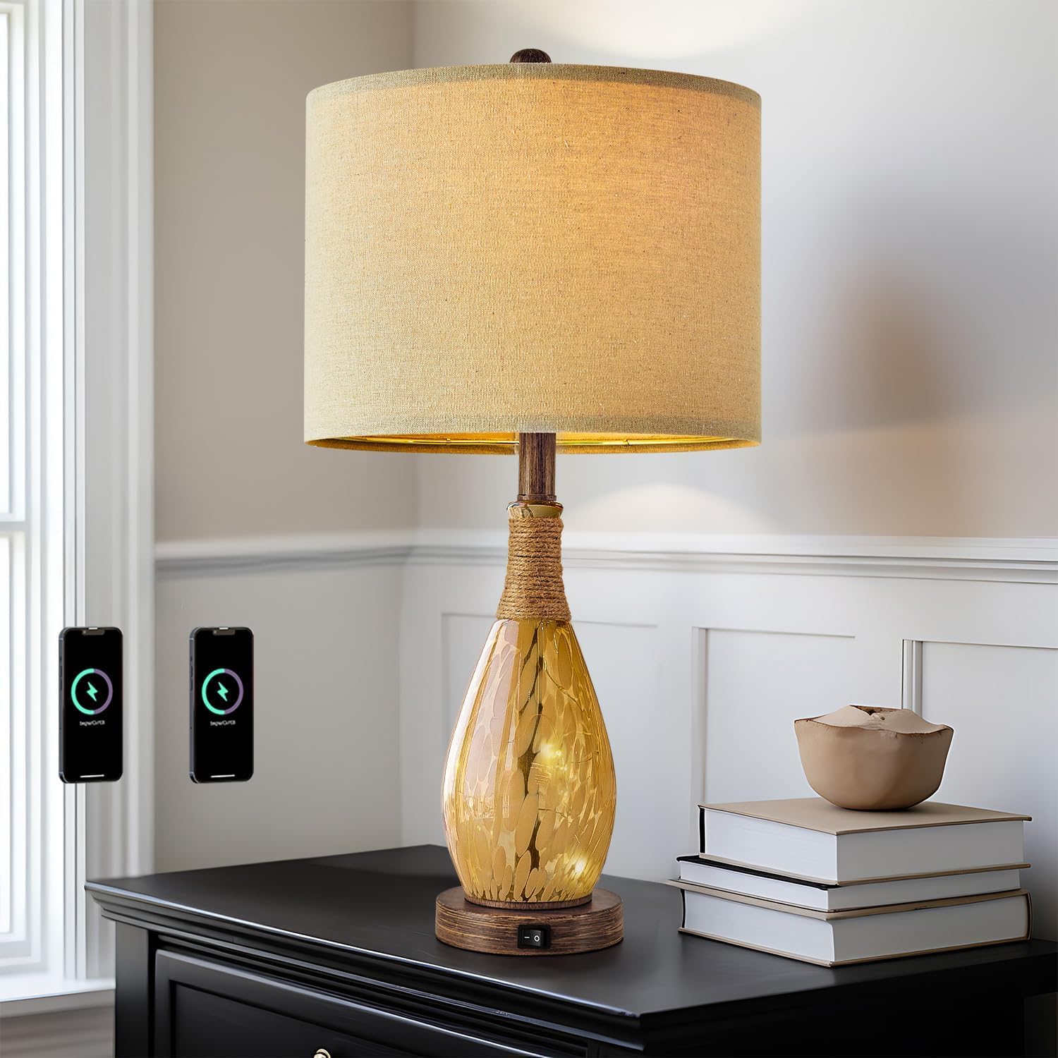 OYEARS 23" USB A+C Table Lamp, Amber Glass & Rattan, Modern Bedside Nightlight, Model AMZ-T1140-U-1