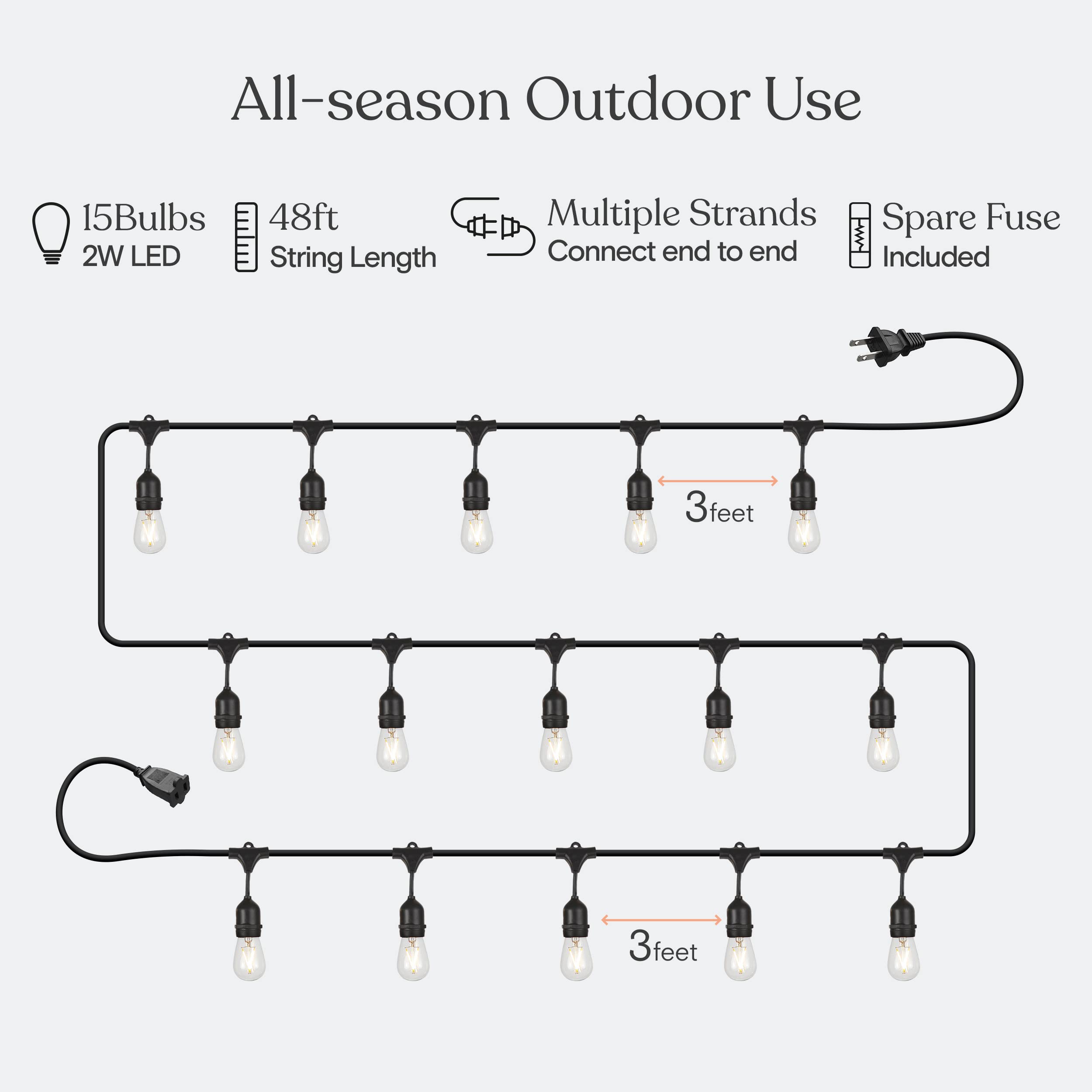 Brightech Ambience Pro LED Outdoor String Lights - 15 Dimmable Vintage Edison Bulbs - 48 FT - Warm White