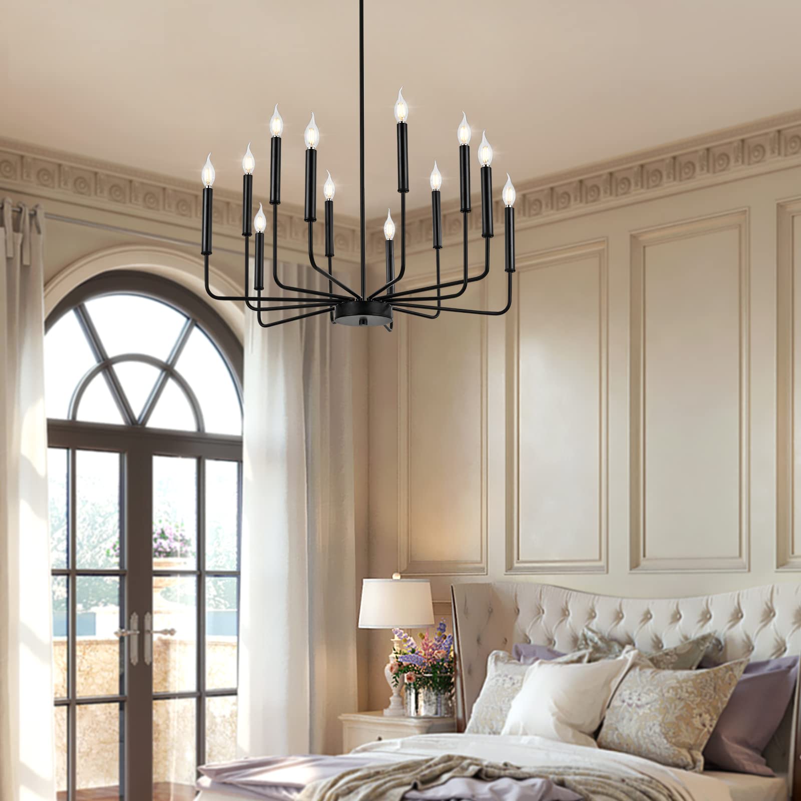 Woknos Modern Black Farmhouse Chandeliers, 12-Light Industrial Metal Chandelier Lighting, Classic Candle Hanging Pendant Light F