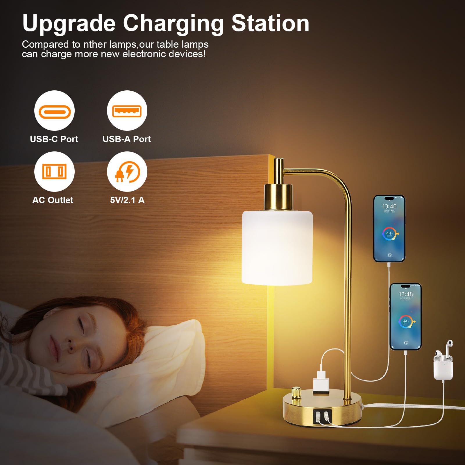 Industrial Table Lamp, Stepless Dimmable Gold Desk Lamp,Gold Table Lamp With 2 Usb Ports And Ac Power Outlet, Frosted Glassshade