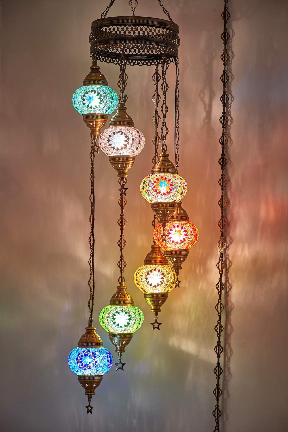 DEMMEX 7-Globe Moroccan Mosaic Chandelier, Tiffany Style Pendant Light, 59x14 Inches, Multicolor1, Model DEMMEX-Swag7