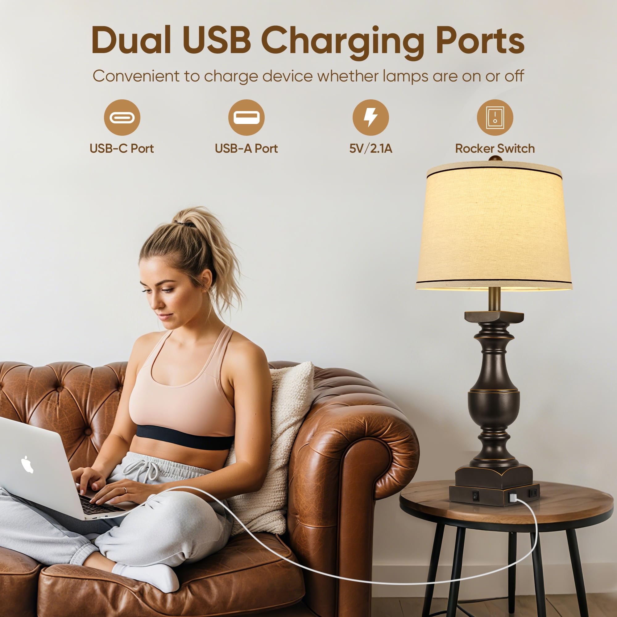 WIHTU Bedside Lamps Set of 2, 28in  Black Gold Table Lamps with USB Ports, Linen Shades, Model WTLP498AB2