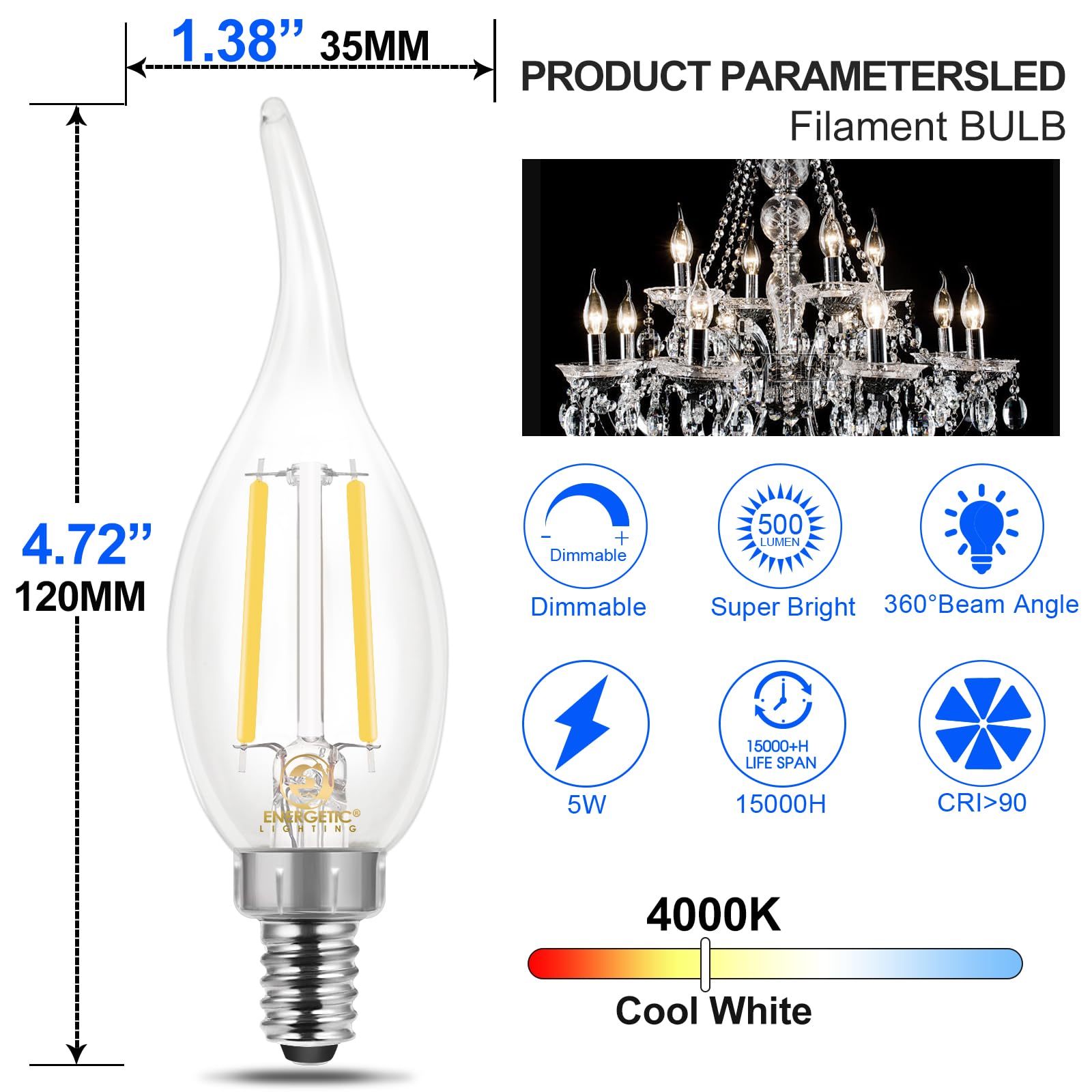 Energetic 12 Pack Dimmable Candelabra Led Light Bulb, Ca11 Shape,Flame Tip Style, 60 Watt Equivalent, 4000K Cool White, E12 Base