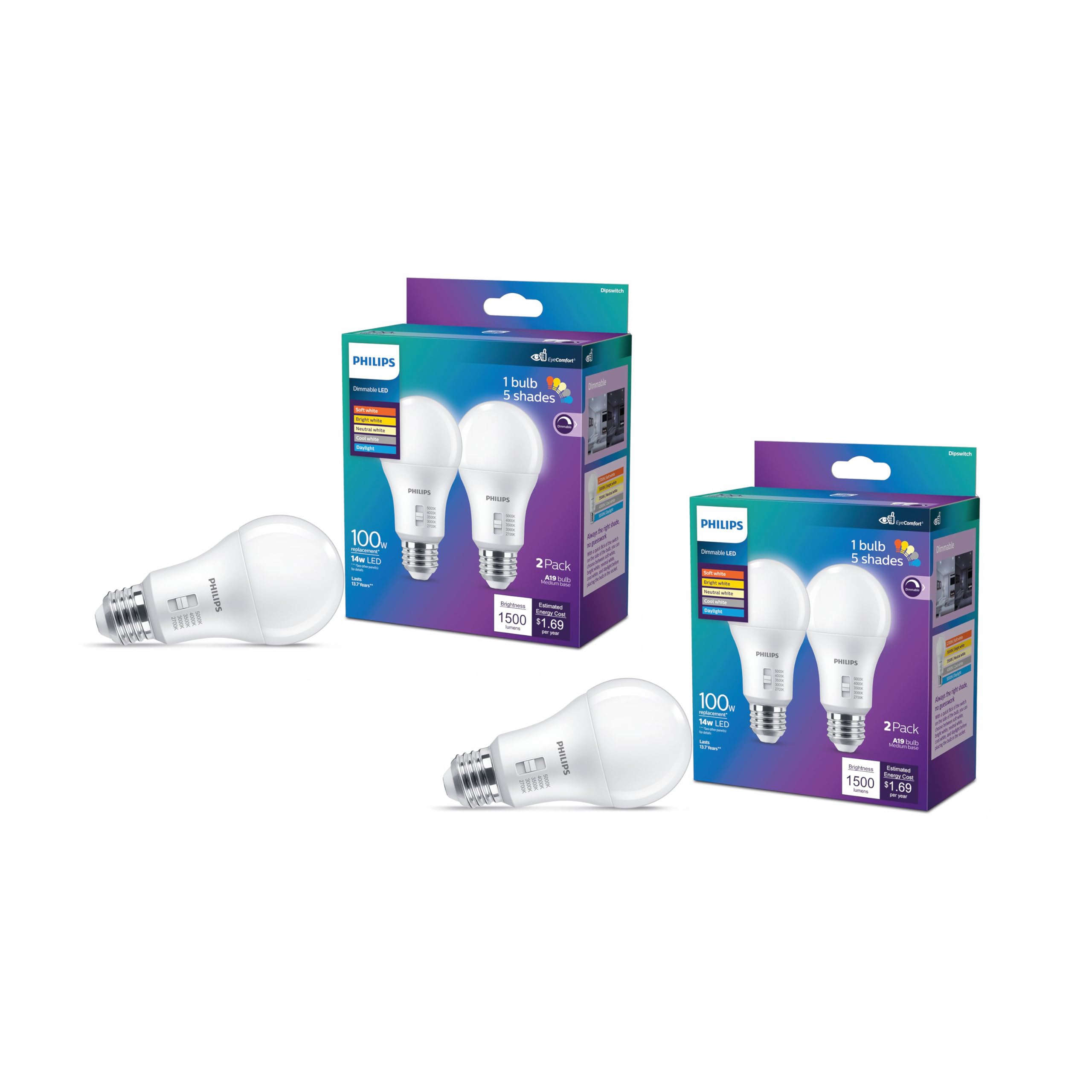 Philips Led A19 Selectable White Dimmable Led Light Bulbs, 1500 Lumen, Flicker-Free 60W Soft White E26 Base Bulb With Eyecomfort