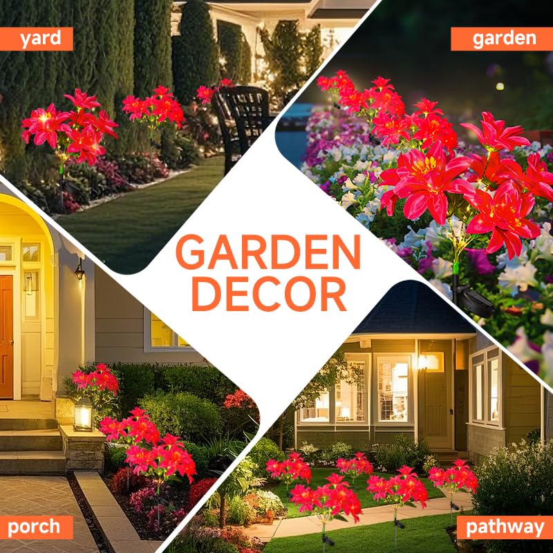 Neporal Solar Flowers Outdoor Waterproof Pink, 4PK 7-Stem Garden Solar Lights Decorative, 2 Lighting Modes, Solar Powered Garden