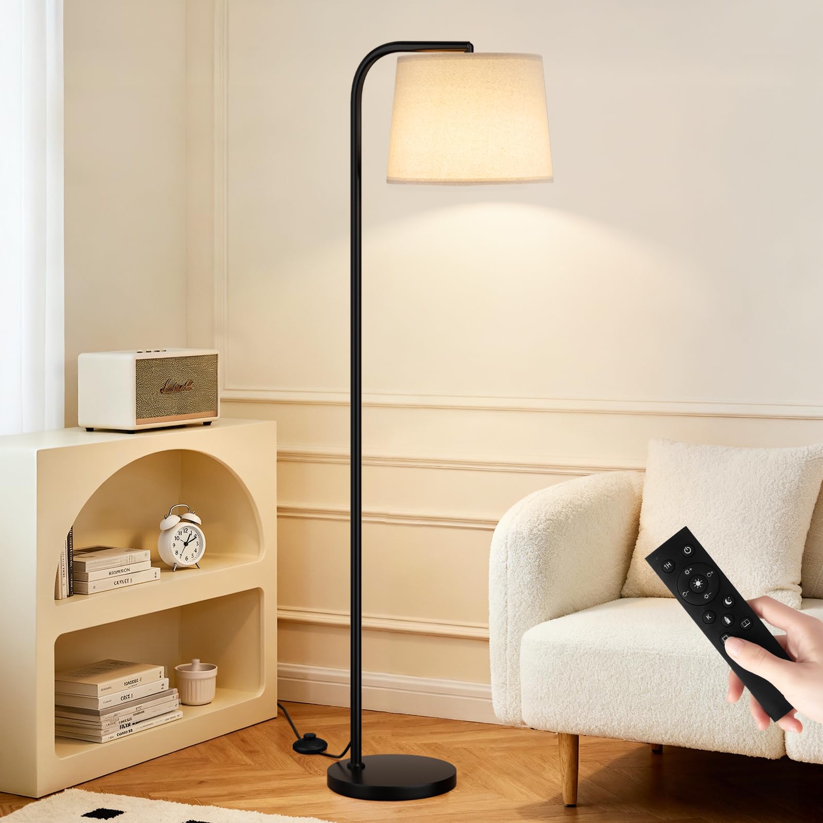 Ambimall Remote-Controlled Floor Lamp - Color Temperature Adjustable and Fully Dimmable  Standing Lamp for Living Room with Rotating Head  Tall Lamp for Bedroom  9W Bulb Included (Black and Beige)
