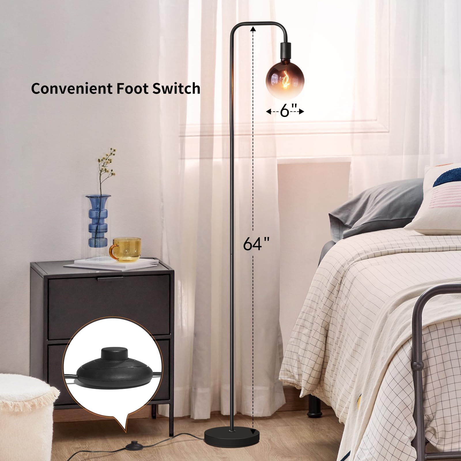 Onewish Floor Lamp For Living Room - Minimalist Industrial Standing Lamp With Modern Led Bulb, Globe Black Clear Glass 6'', 1800
