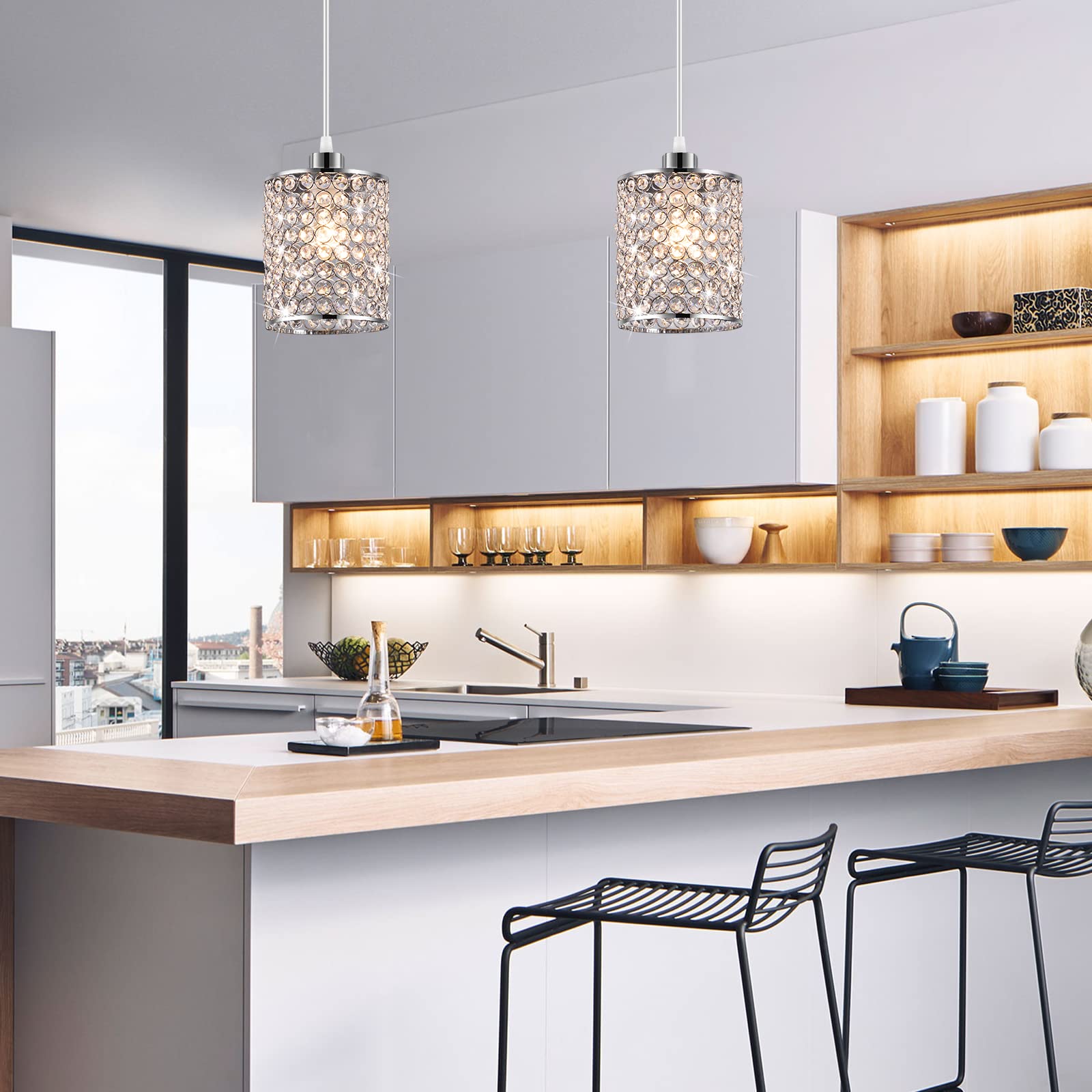 Tislyco Modern Crystal Mini Pendant Light Fixtures, 2 Pack Farmhouse Pendant Lighting Ceiling Hanging Chandelier Over Kitchen Is